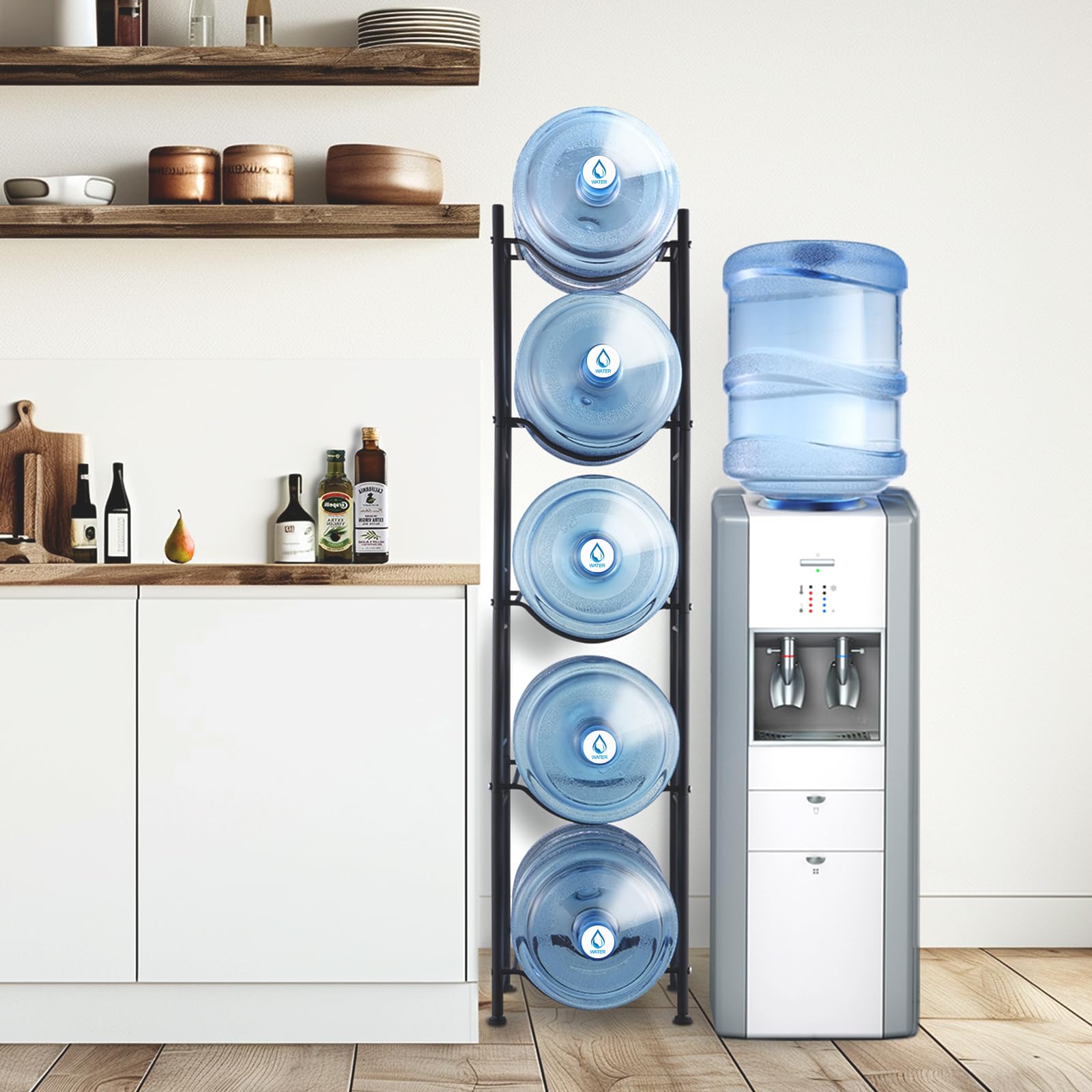 VEVOR Rack à Bonbonnes à 5 Niveaux et 1 Rangée, Support Bouteille d’Eau de 18,9 L, Capacité 5 Pièces, Range Bonbonnes d’Eau Solide, Rangement pour Garde-Manger, Cuisine, Bureau, Salon, Usine, Noir