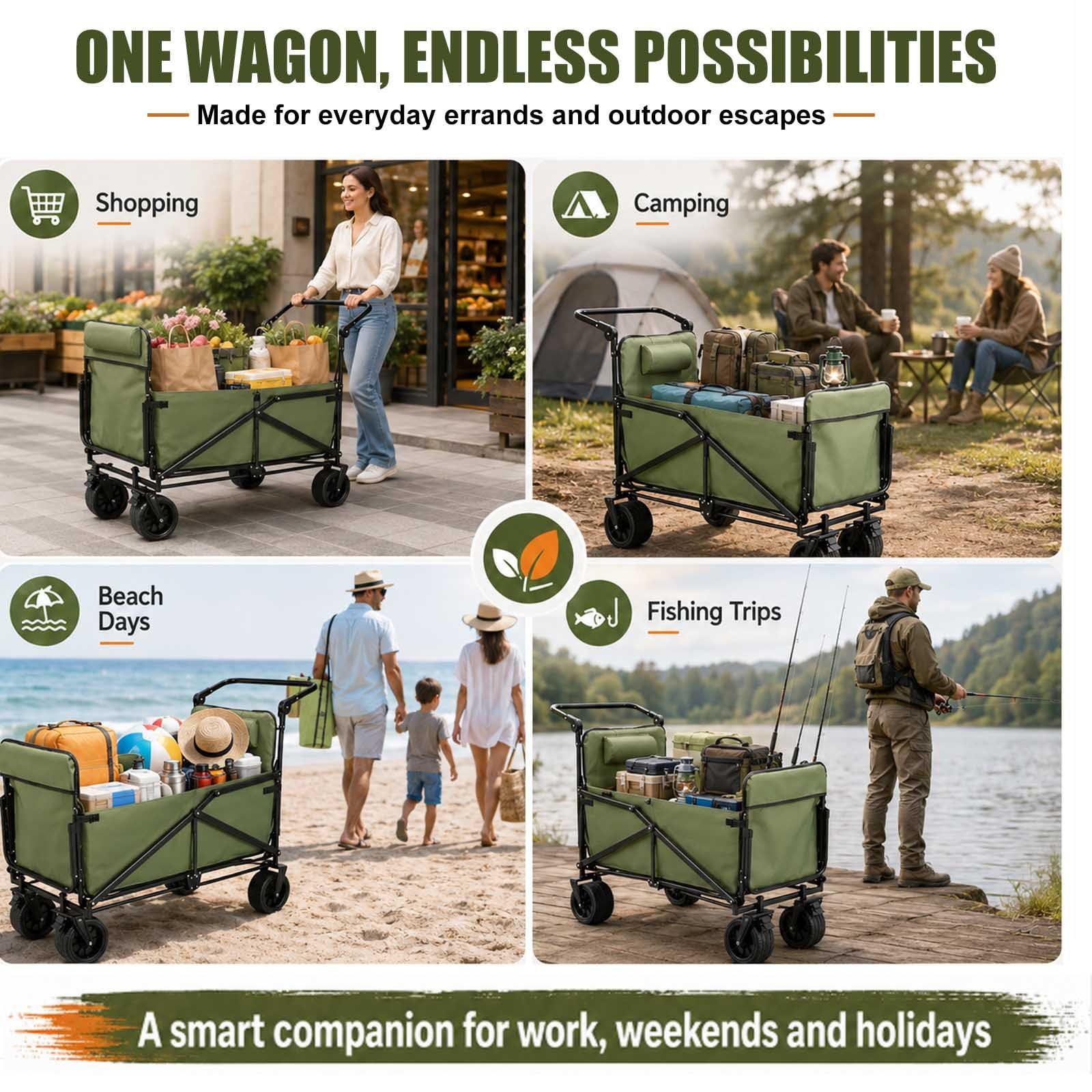 Chariot pliable et chaise de plage, chariot pliable robuste avec roues tout-terrain, capacité de 200 kg pour l'extérieur, le camping, le jardin, le pique-nique et le shopping
