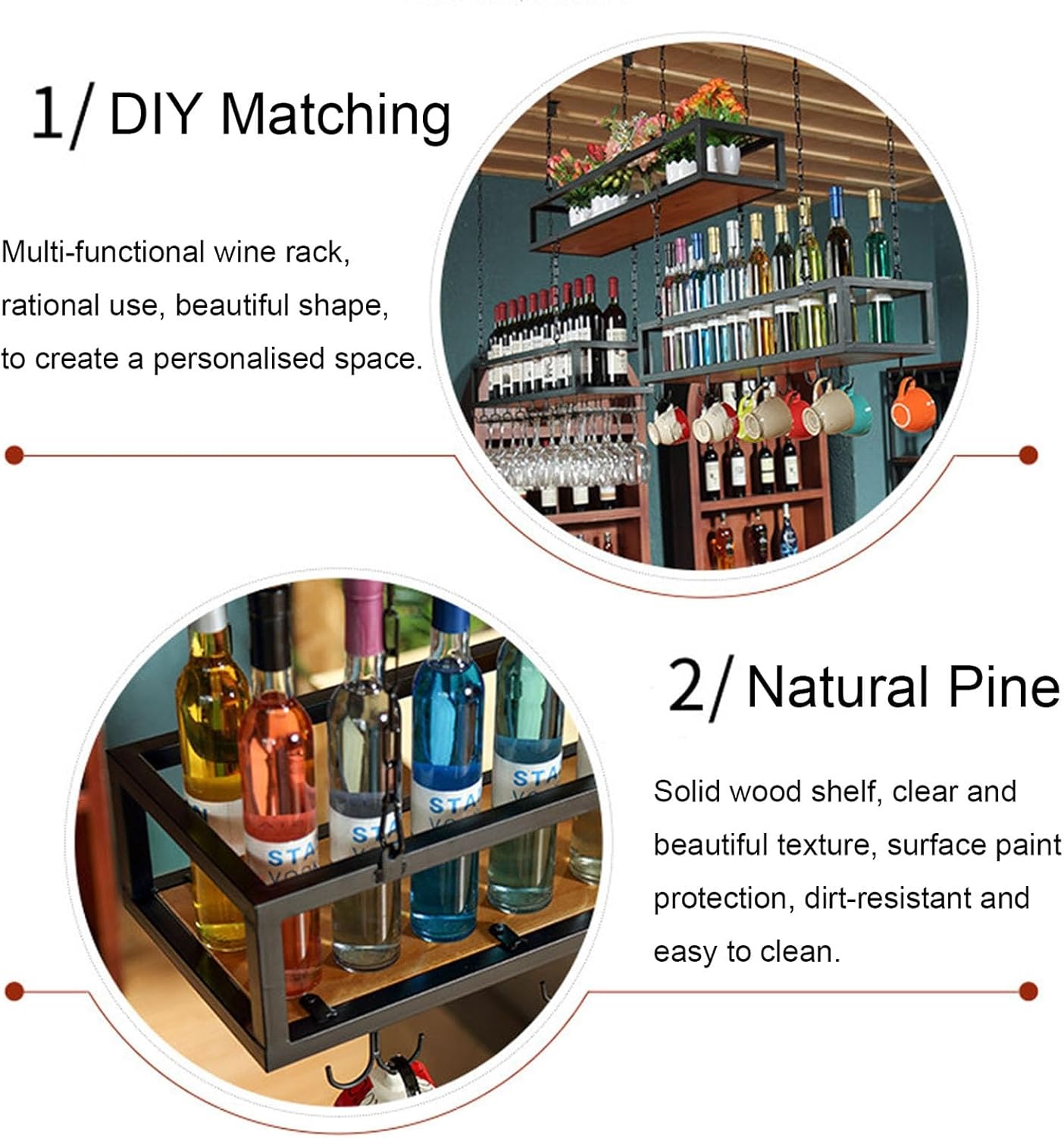 Adjustable Industrial Hanging Wine Rack with Glass Holder & Shelf, Ceiling-Mounted Black Metal Wine Bottle Storage - Ideal for Home Bar & Kitchen Decor