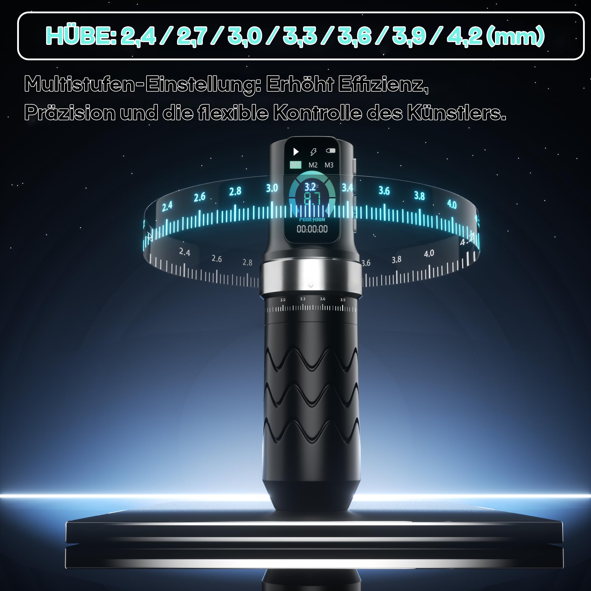 POSEIDON Kit machine à tatouer sans fil avec 7 réglages de course, deux batteries de 2300 mAh, mode normal/pointillé et écran LED – Appareil de tatouage professionnel sans fil pour débutants (HM145)