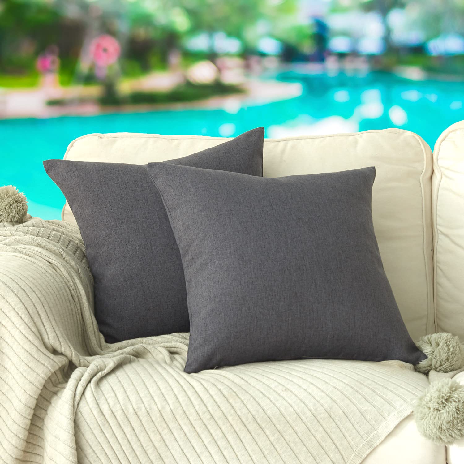 4TH Emotion Outdoor Waterproof Throw Pillow Covers Garden Cushion Case for Patio Couch Sofa Polyester Home Decoration Pack of 2, 18 X 18 Inches Carbon Black