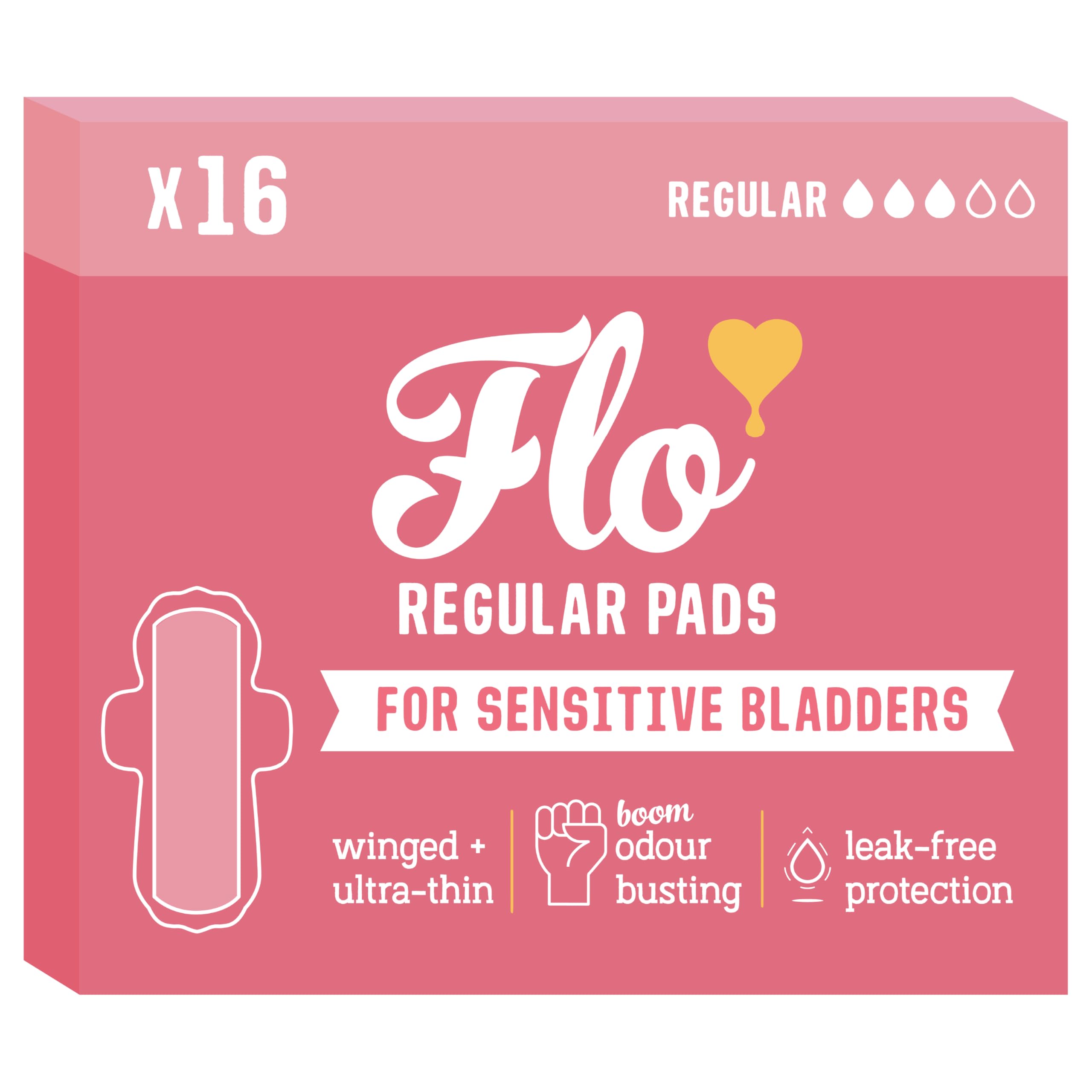 Flo Sensitive Bladder Bamboo Pads with Wings – Discreet, Ultra-Thin, Hypoallergenic - Odour Control Protection - 16 Pads