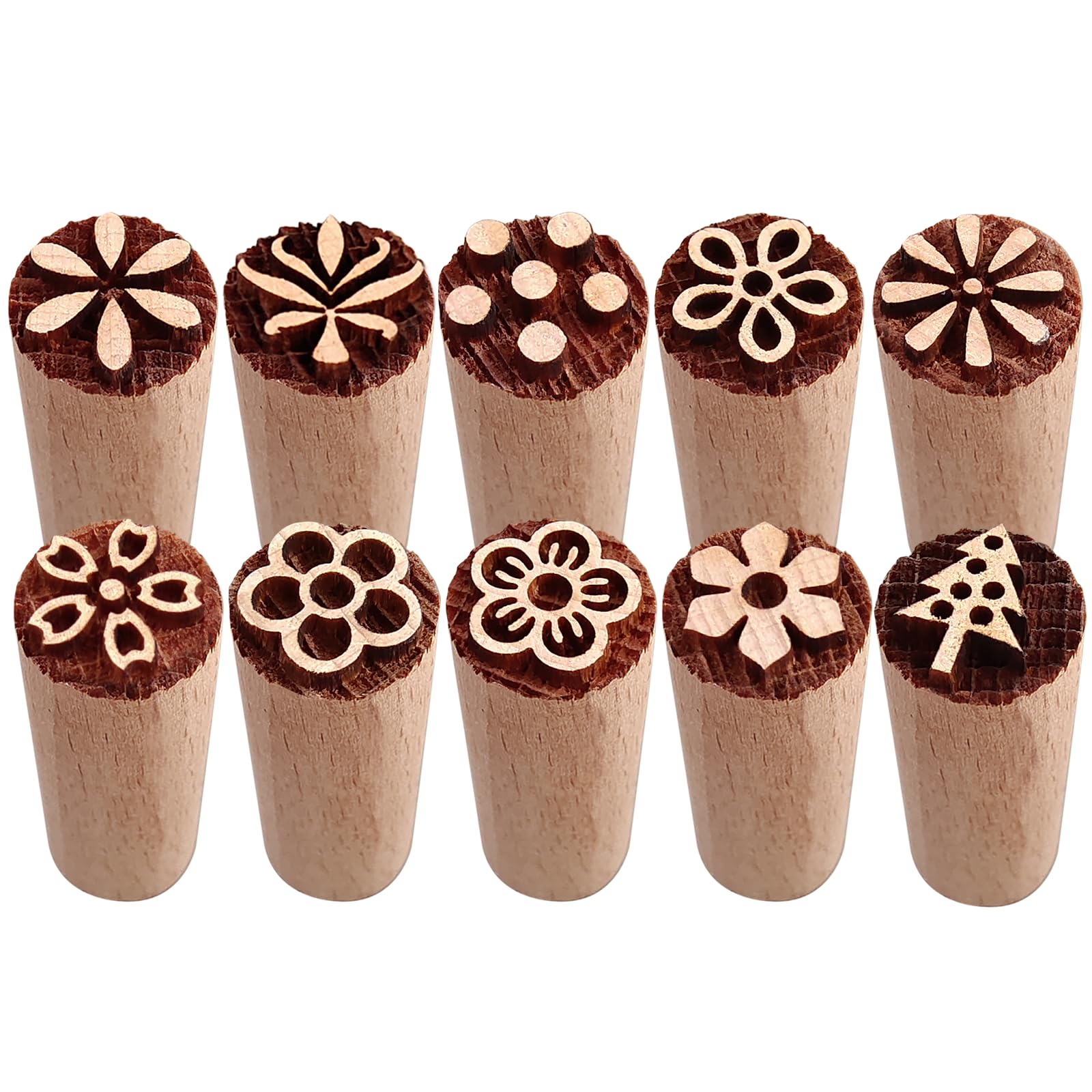 10PCS Wooden Pottery Stamps with Floral Patterns Cylindrical Wood Block Pottery Clay Stamps Suitable for Clay Scrapbooking Card Making and Cake Decorating (1.5x5cm)