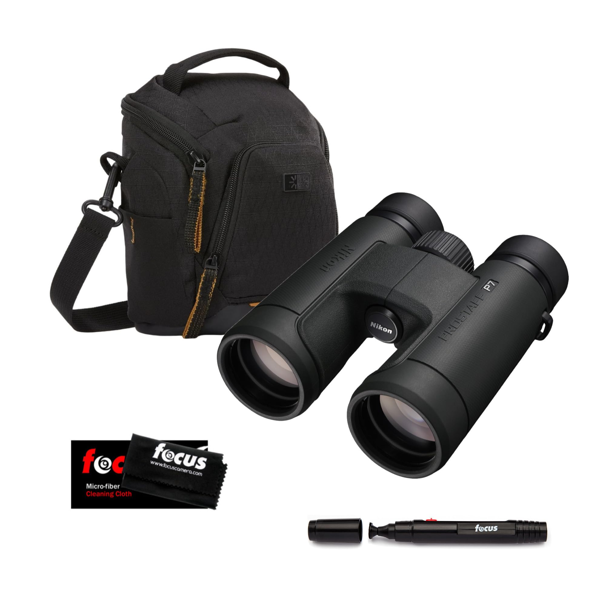 Nikon Prostaff P7 10X42 Binoculars Bundle with DSLR and Mirrorless Camera Shoulder Bag (Black), Focus Lens Cleaning Pen, and Focus Microfiber Cleaning Cloth (4 Items)
