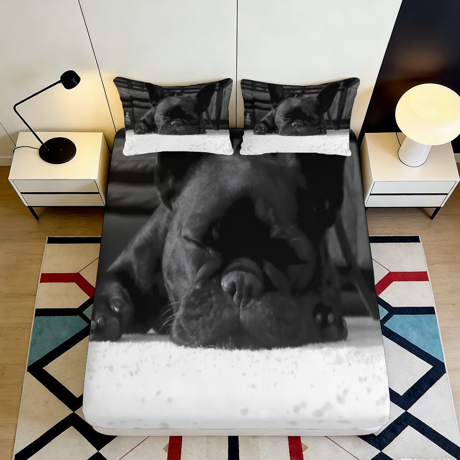 3D Printed French Bulldog Black White Fitted Sheet Microfiber Non-Slip Mattress Cover for Bedroom Guest Room Decor 120x200cm 200x200x25cm