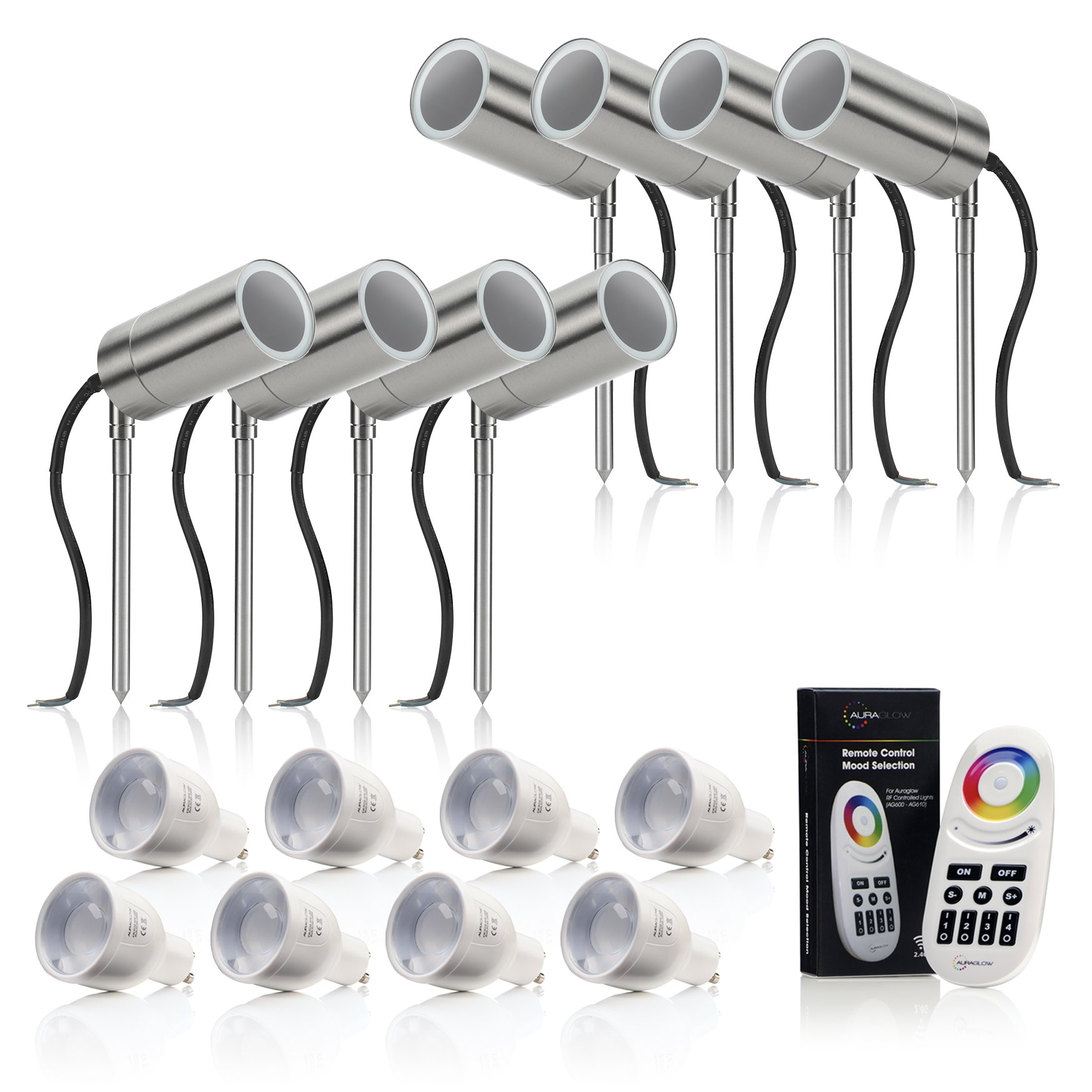 Auraglow Colour Changing Spike Lights Stainless Steel, GU10, 8 Pack