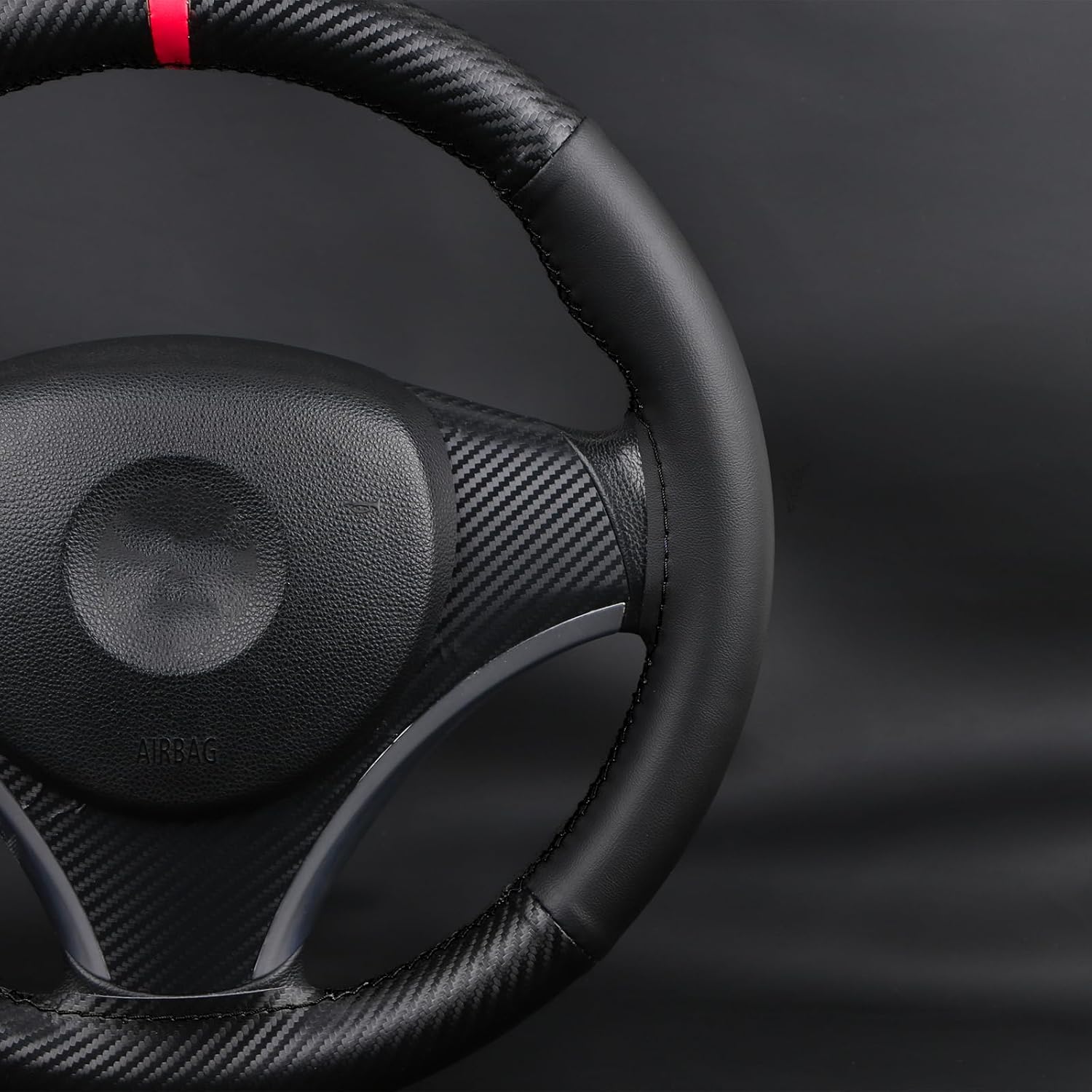 Microfiber Leather Steering Wheel Wrap, Sew On Steering Wheel Cover Featuring Carbon Fiber Texture and Marker, Anti-Slip, Universal 14.5-15 Inch, Perfect for Men and Women,Black