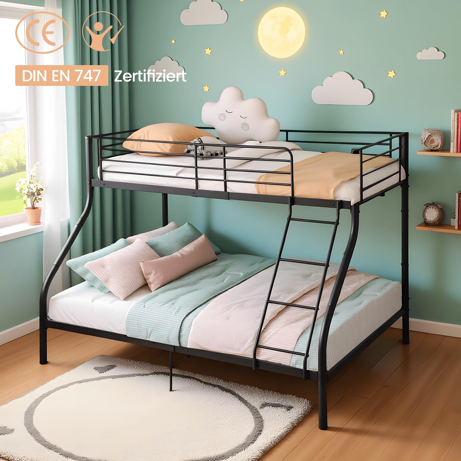 Lit superposé 3 Places en métal 90 x 200 cm et 140 x 200 cm, Lit pour Enfants et Adultes Chambre à Coucher Maison, Noir