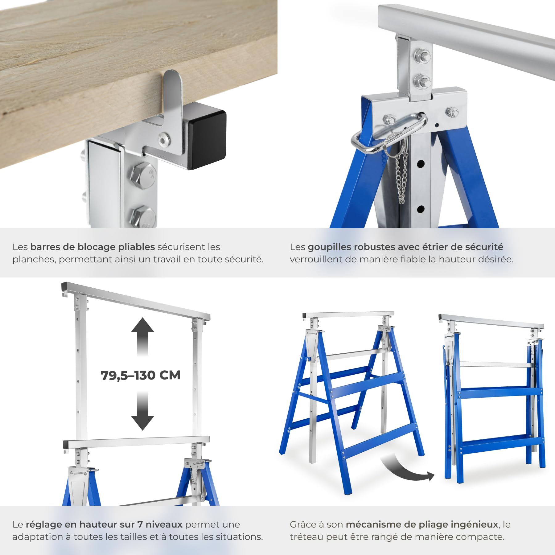 tectake® 2 Tréteaux télescopiques pliables, Treteaux 68,5 x 56,5 x 79,5 cm, Treteaux reglables en acier, 7 réglages en hauteur, Charge max. 220 kg par Tréteau, Etabli pliant, Chevalet de sciage, Bleu
