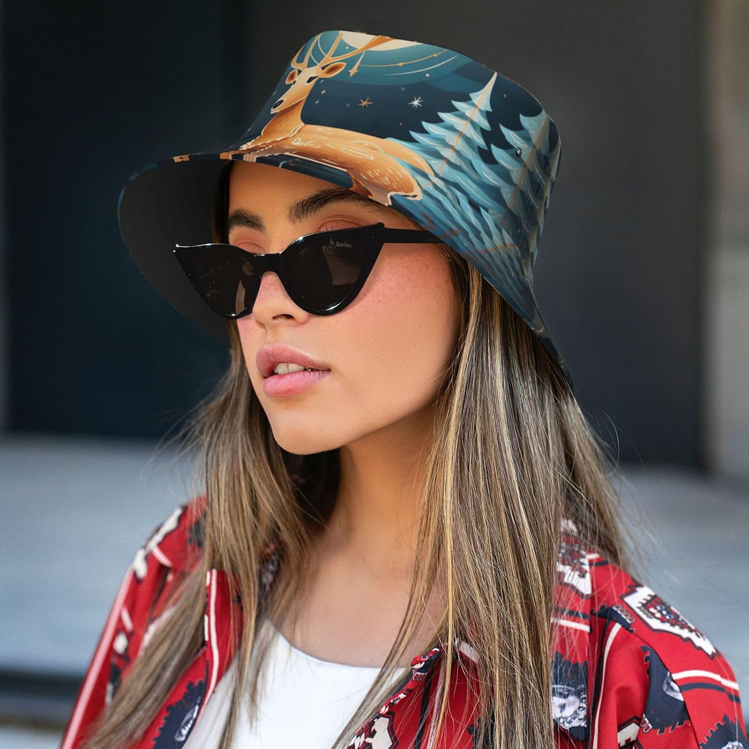 Xmas Gift Deer Print Sun Hat Outdoor Fisherman Cap Summer Bucket Hat Beach for Men Women Black