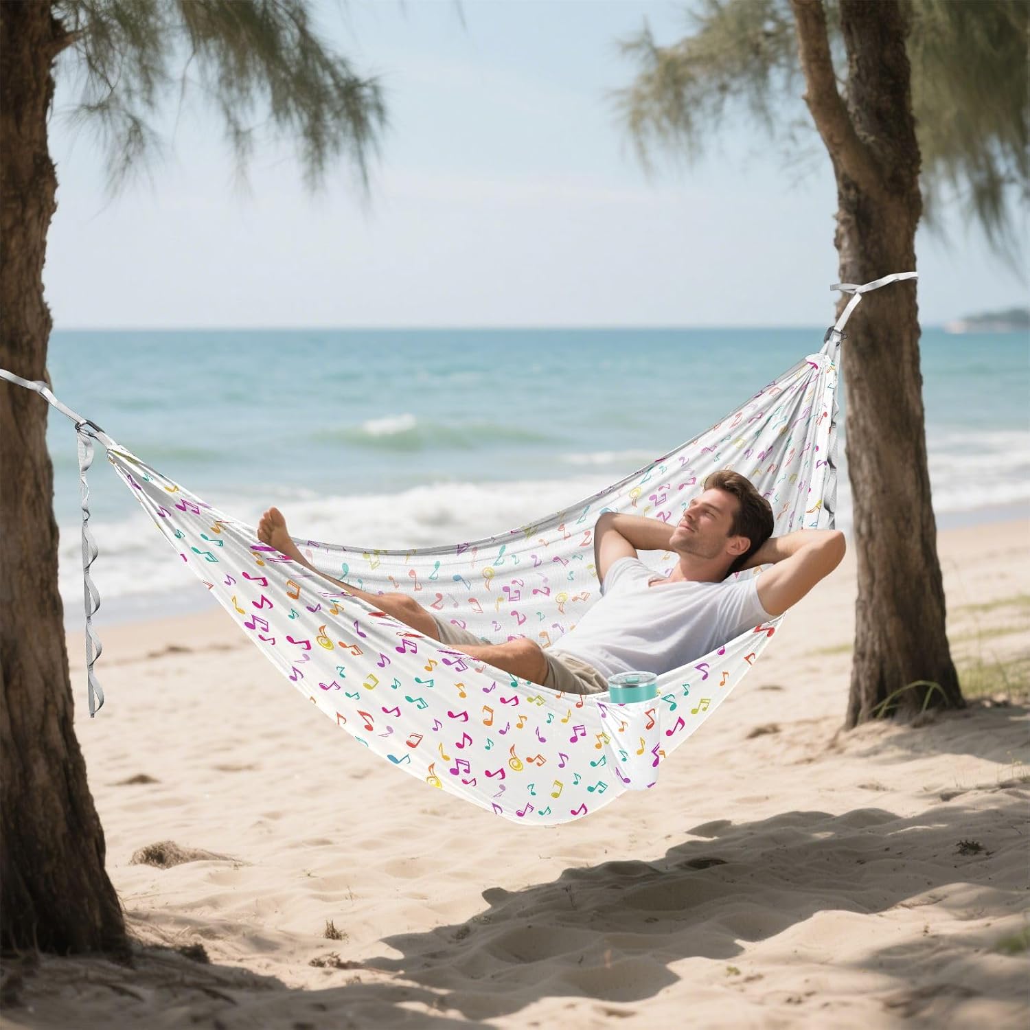 ALAZA Colorful Music Notes Camping Hammocks Single or 2 Person 500 lbs Portable Parachute Travel Hammock w/Tree Straps for Hiking Backpacking Indoor Outdoor