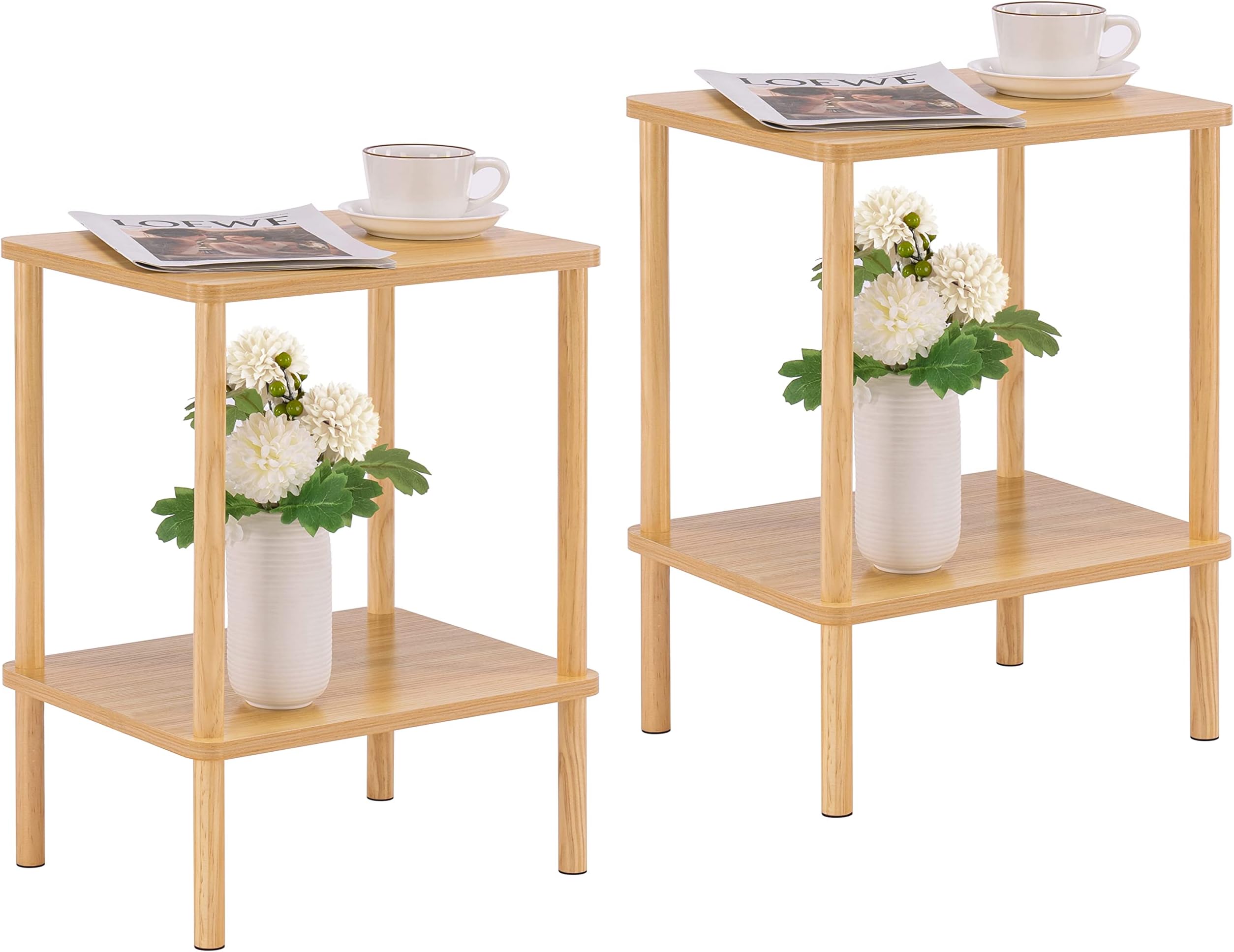 Apicizon 2 Tier End Table Set of 2, Boho Side Table with Storage Shelf, Nightstand Bedside Table for Small Spaces, Bedroom, Living Room, Entryway, Farmhouse, Easy Assembly, Natural