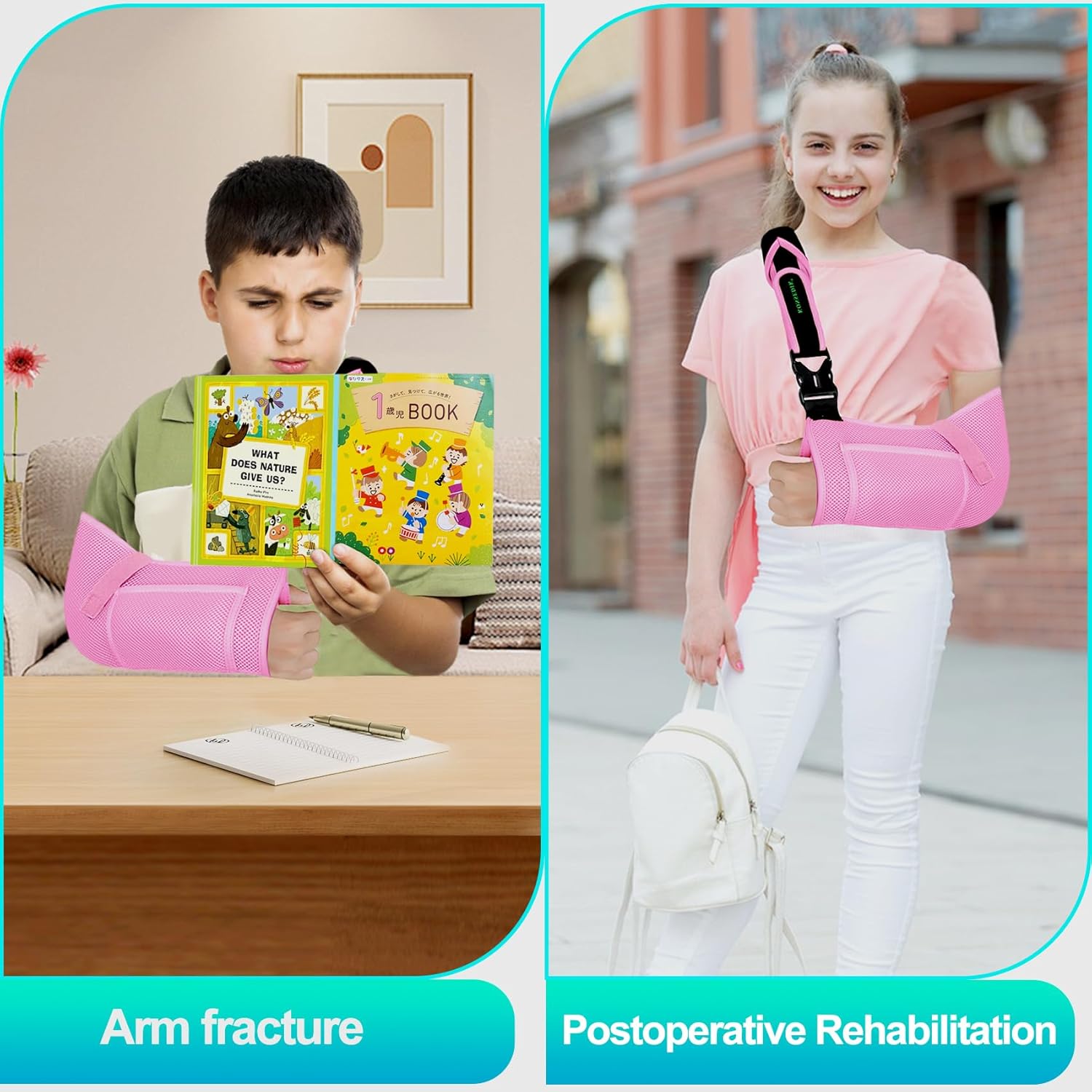 KONSEDIK Arm Sling for Kids - Adjustable Breathable Shoulder Immobilizer with Pockets,Supports Rotator Cuff Injury,Wrist,Elbow,Clavicle Fracture Recovery,Post-Surgery Sling for Left or Right Arm(Pink,X-Small)