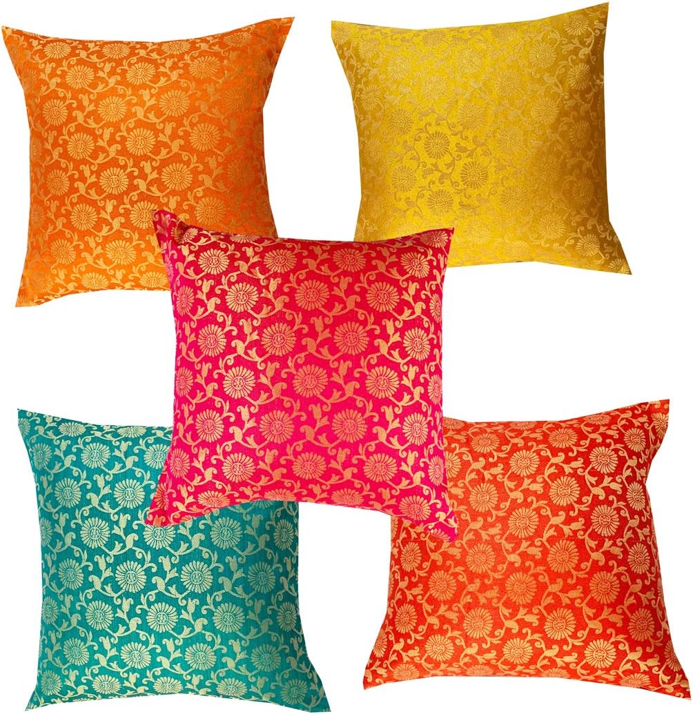 PINK PARROT Jacquard Cushion Cover (Set for 5-16 x 16 inch, Design 2)