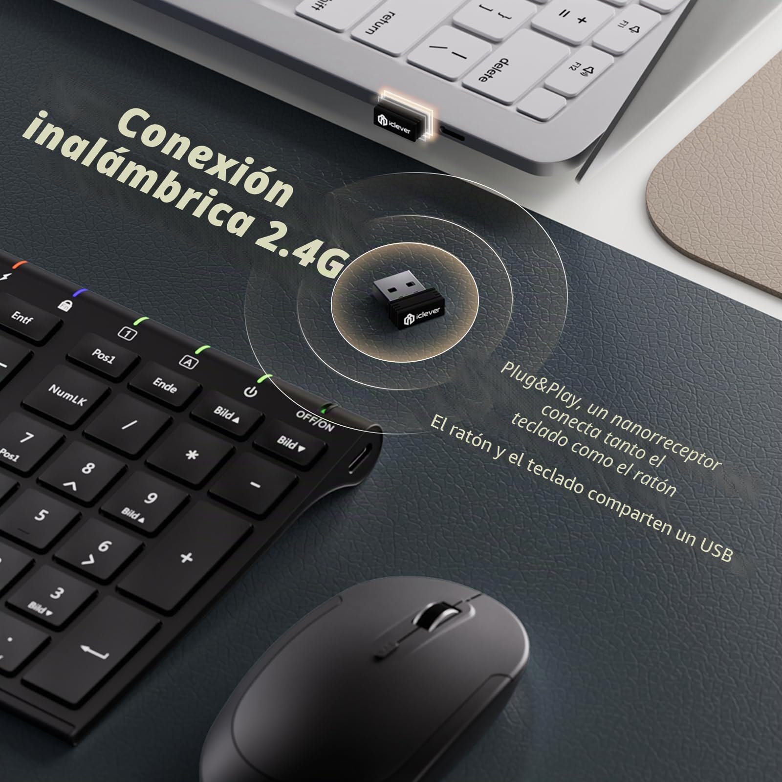 iclever 2.4G Set de teclado y ratón inalámbricos de aluminio QWERTZ para computadora, computadora de escritorio, PC, computadora portátil, Surface, Smart TV y Windows 10, 8, 7 y Vista XP Negro