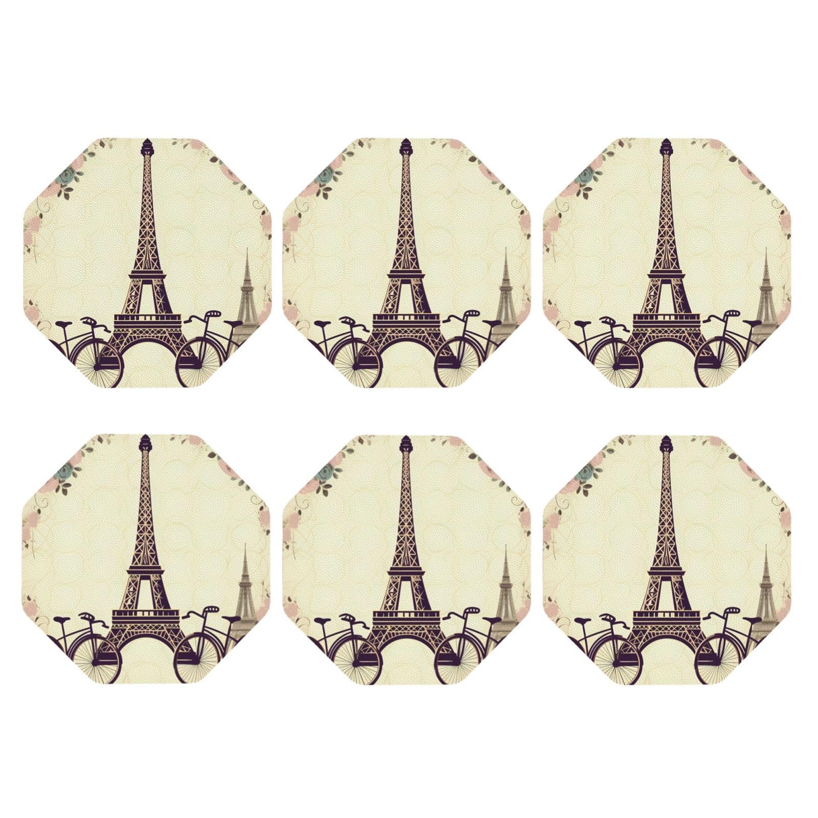 6pcs Leather Coasters for Drinks, Eiffel Tower Bicycle Drink Coasters for Tabletop Protection, 4" Cup Coasters for Coffee Table Decor, Non-Slip Drinking Cup Mat for Hot Or Cold Drink