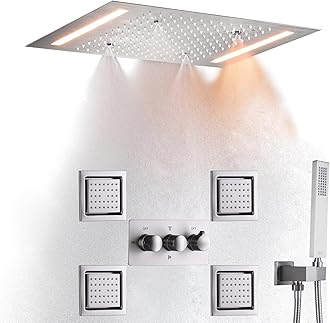 Luxury Rainfall Shower System Set Ceil Mounted 14 X 20 Inch Rectangular Mist Rain Shower Head Faucet With LED Control Spa Bath Shower Body Combo Jets Brushed Nickel