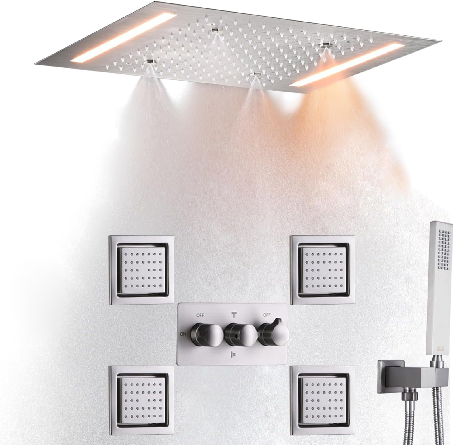 Luxury Rainfall Shower System Set Ceil Mounted 14 X 20 Inch Rectangular Mist Rain Shower Head Faucet With LED Control Spa Bath Shower Body Combo Jets Brushed Nickel