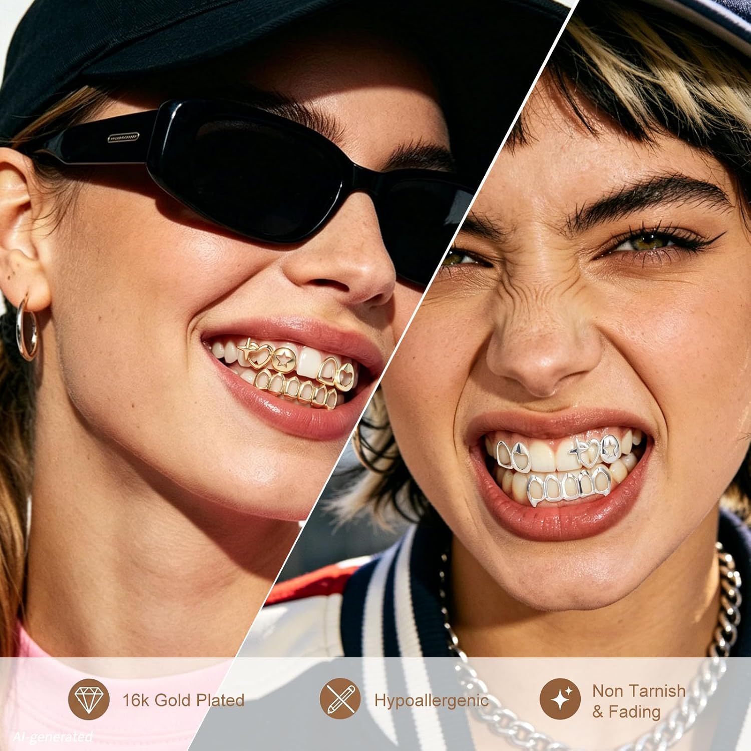 Grillz for Women Men, Removable & Comfort Fit, Gold Teeth Grills for Hip Hop Shows, Parties & Daily Wear