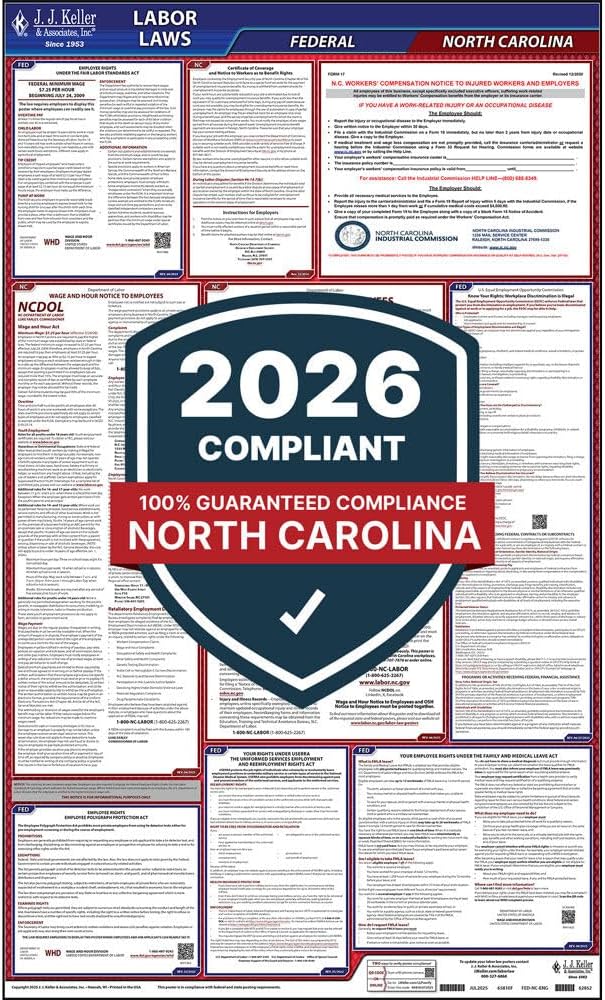 2026 North Carolina and Federal Labor Law Poster (English, NC State) - OSHA Compliant All-in-One Laminated Poster, J. J. Keller & Associates, Inc.