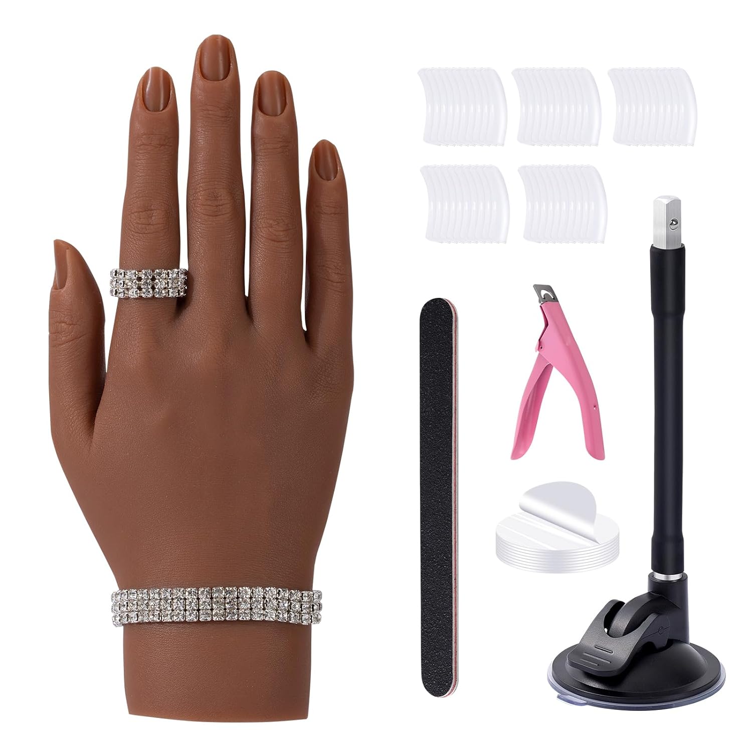 Silicone Practice Hand for Acrylic Nails with Bracket - Realistic Practice Hand Mannequin, Flexible Bendable Silicone Hand Kit with 50Pcs Nail Tips(Right Hand) (5#)