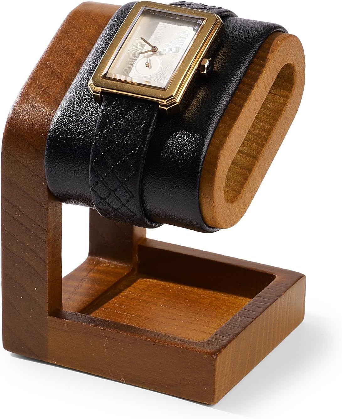 Solid Wood Watch Display Stand T-bar PU Leather Watch Stand Holder Organizer For Men And Women Oval Corner Base Jewelry Accessory Organizer for Store and Home (Black)