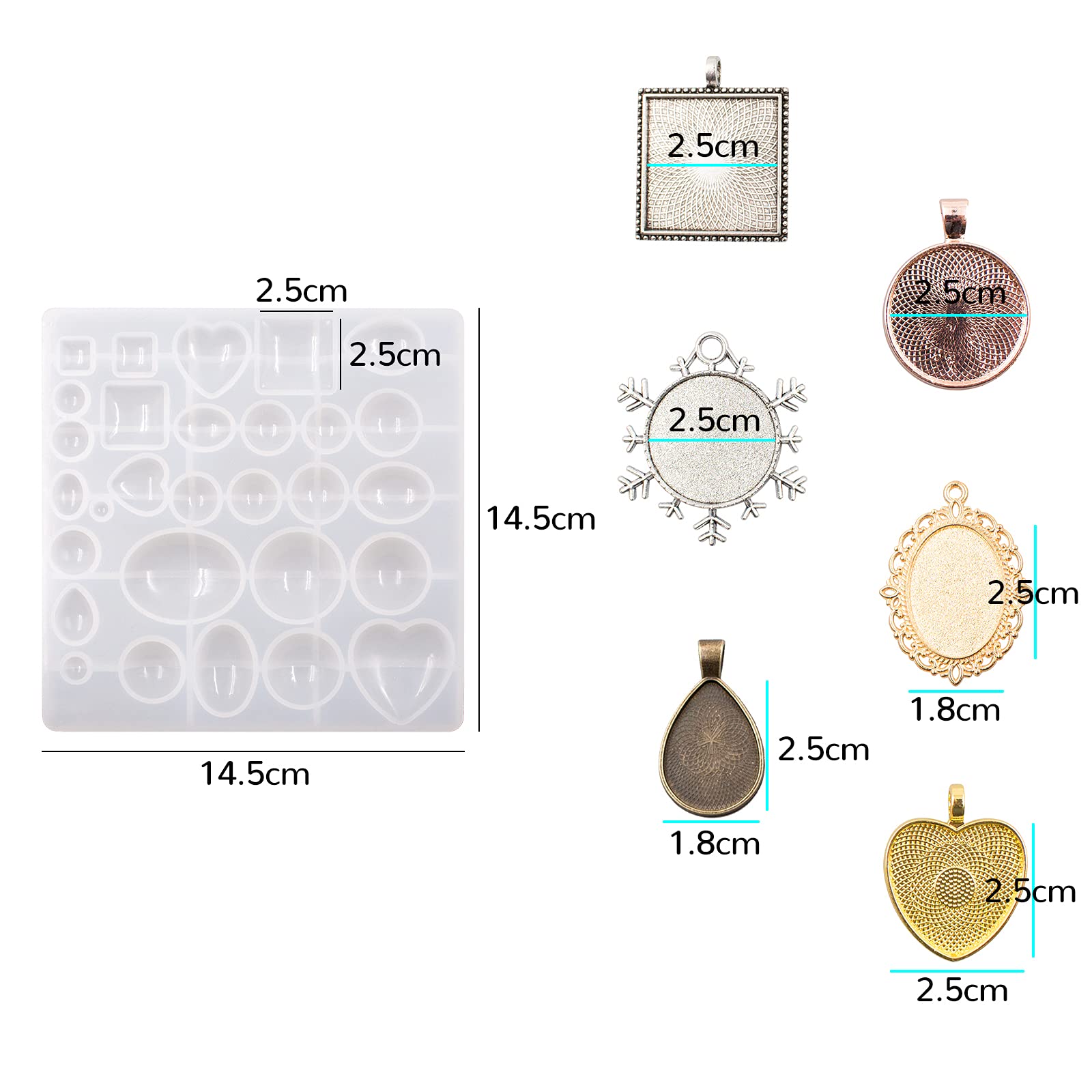 SNAIL GARDEN Jewelry Pendant Moulds,Silicone Resin Kits,with Pendant Trays Round Square Heart Teardrop Oval,Dried Flower and Butterfly Glitter for Resin DIY Jewelry Making Crafting