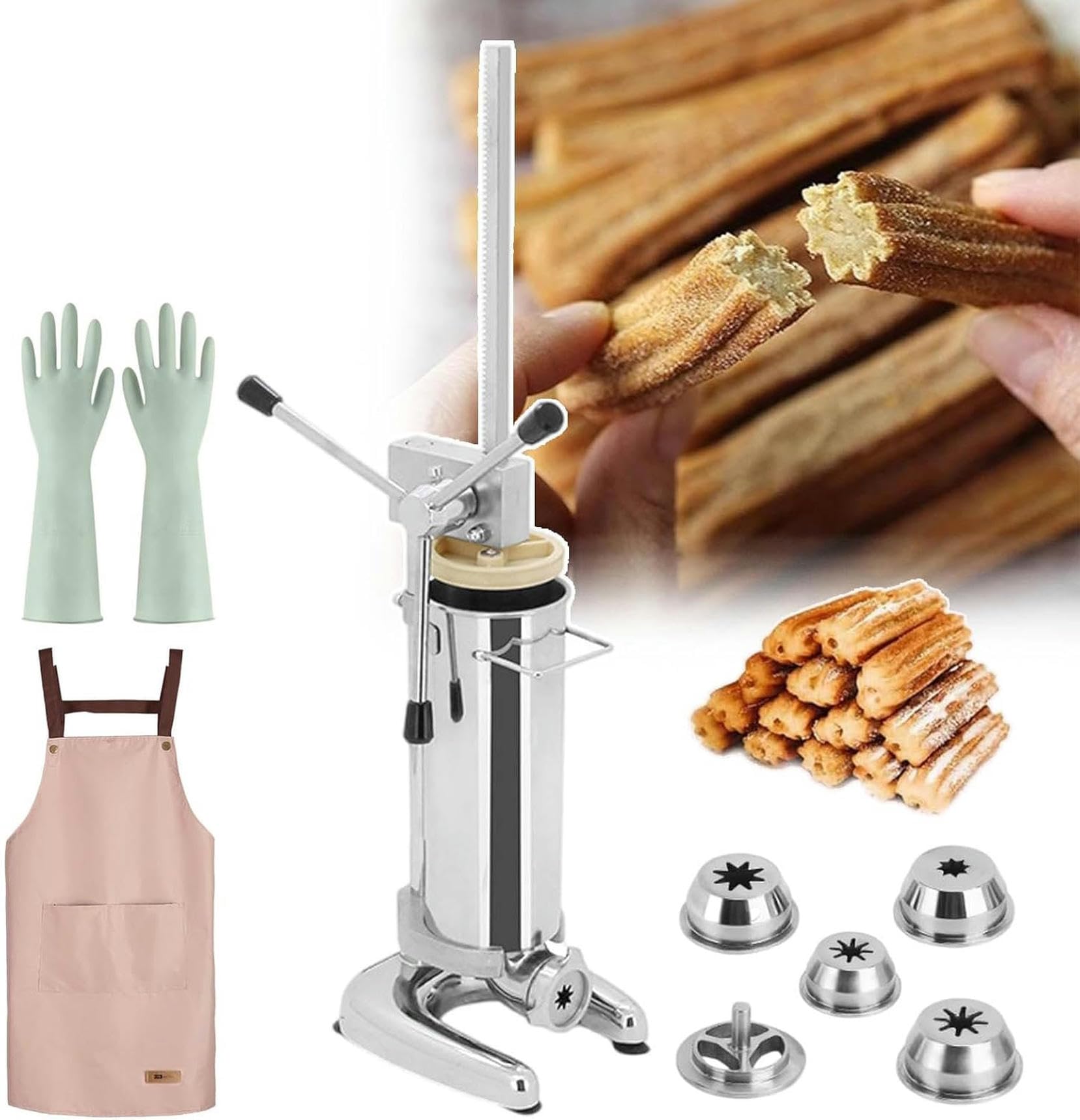 UWYTGF Vertical Machine to Make Spanish Donuts,Churros Manual Filling,with 4 Pairs of Gloves,5 Molds and 1 Apron,Removable Mango,for Homecafeteriahotelrestaurantbar,Say