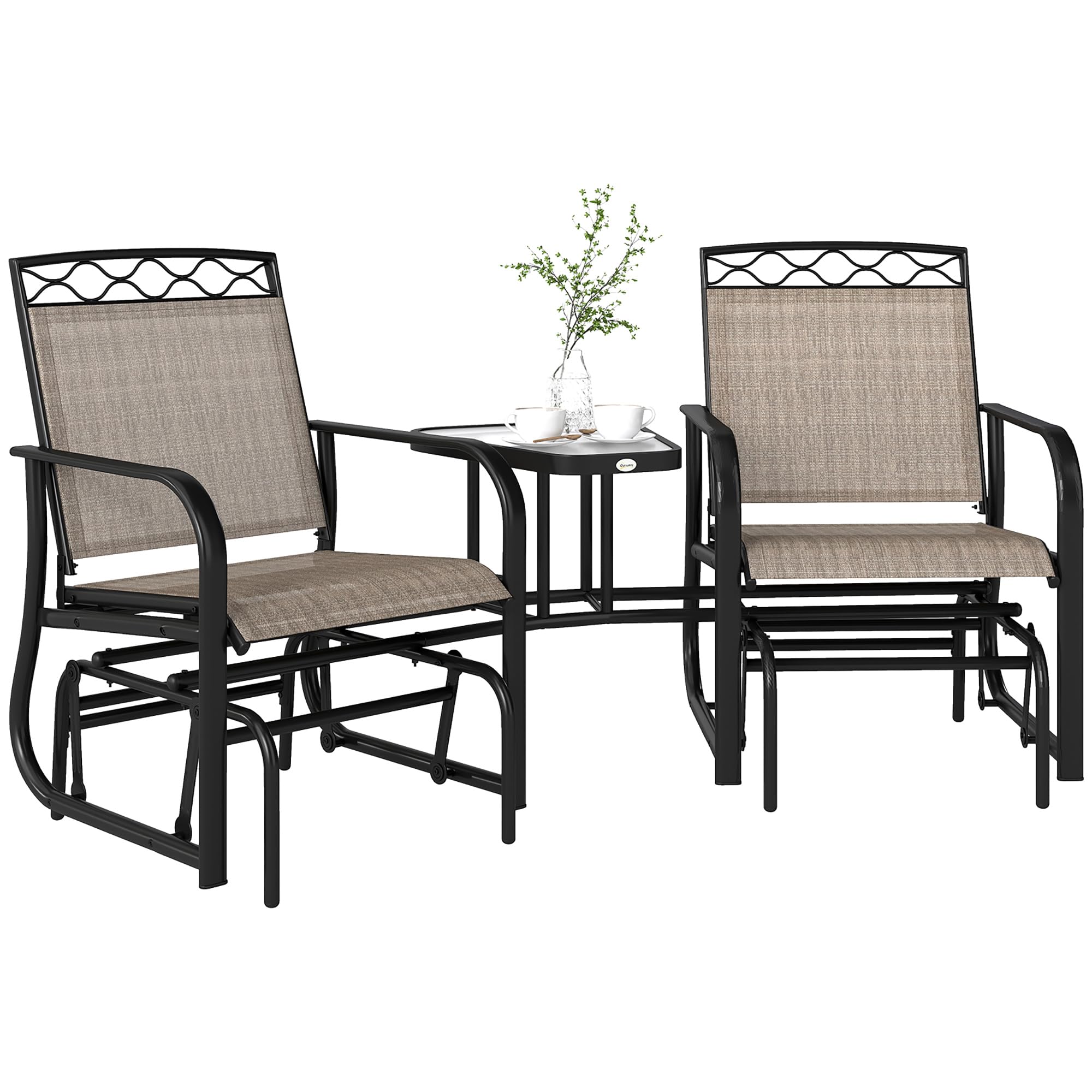 Outsunny Double Outdoor Glider Chair, 2 Seater Patio Rocking Chairs, Swing Bench with Tempered Glass Table, Breathable Mesh Fabric for Backyard, Garden, Porch, Brown