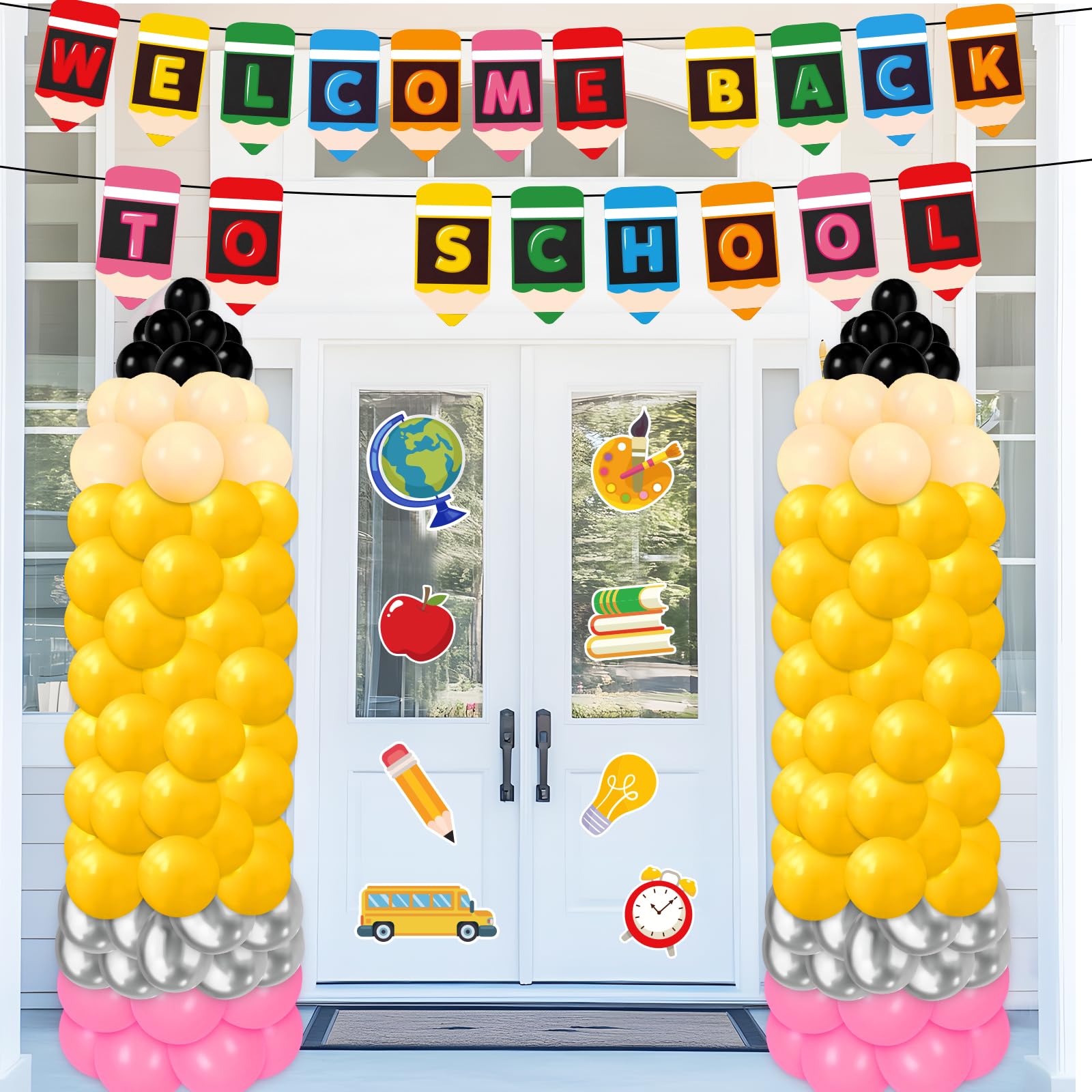 Back to School Pencil Balloons Kit Decorations, Welcome First Day of School Latex Large Balloon Crayon Colorful Banner Cards for Classroom Party Decor
