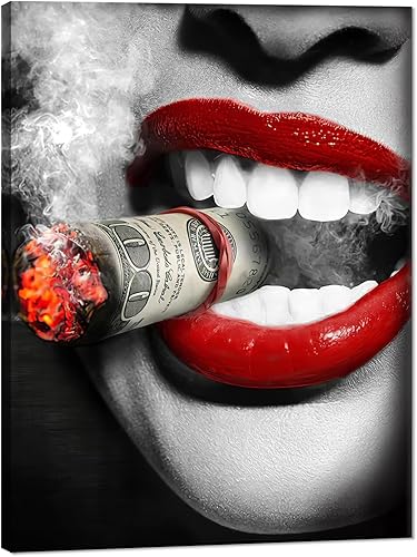Miniatura 52 de Arte de pared de labios rojos, póster moderno y sexy impreso en lienzo decorativo moderno giclée, arte de mujer fumando, imagen de cigarro,