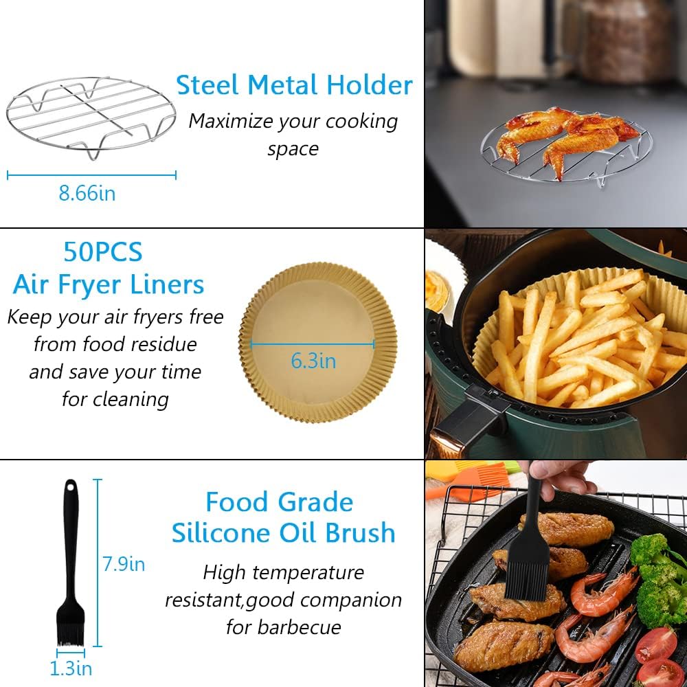 9 Inch Air Fryer Accessories Set of 9 for 5.8QT or Larger Deep Air Fryer - Include Air Fryer liners, 304 Stainless Steel Plate Gripper, Oil Basting Brush, Non-Stick, Dishwasher Safe, XL