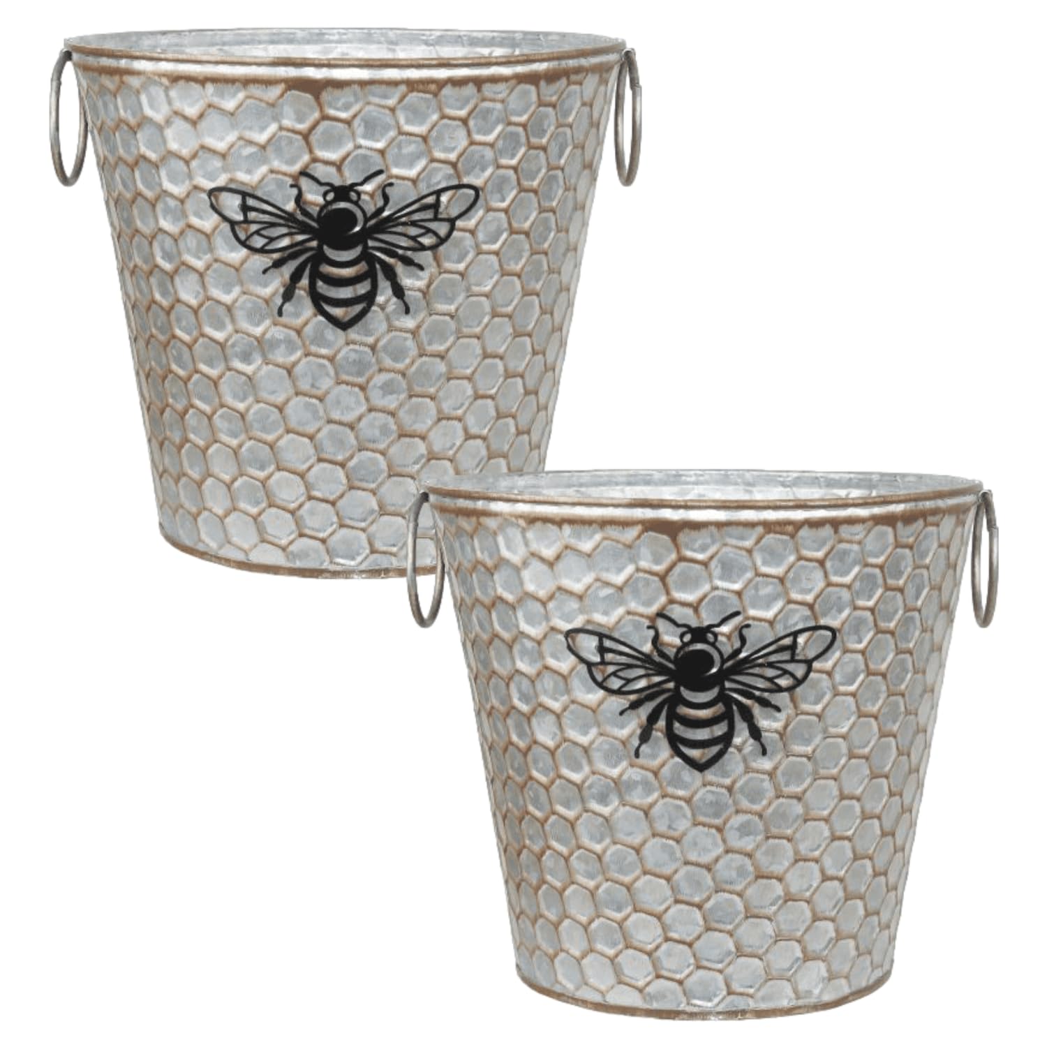 Fyne-Finds Set of 2 Round 20cm, 8inch Metal Honey Comb Bumble Bee Plant Pot Tin Pail Planter Gold Decor