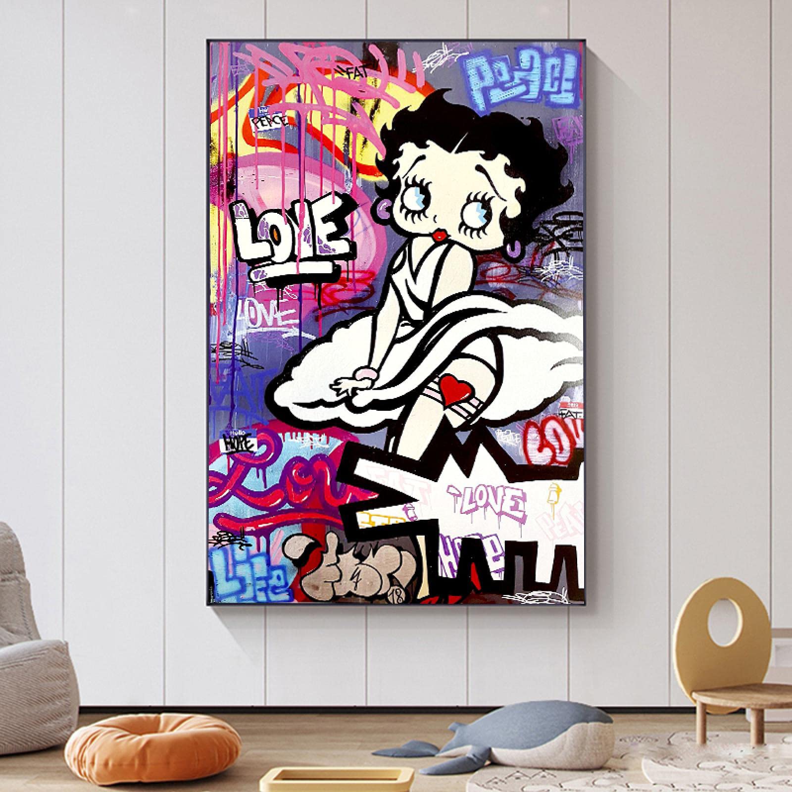 Tela stampata Graffiti Betty Boop Wall Art Street Cartoon Girl Poster Stampa Immagine da parete Soggiorno Decorazione della casa 40x60cm Cornice interna