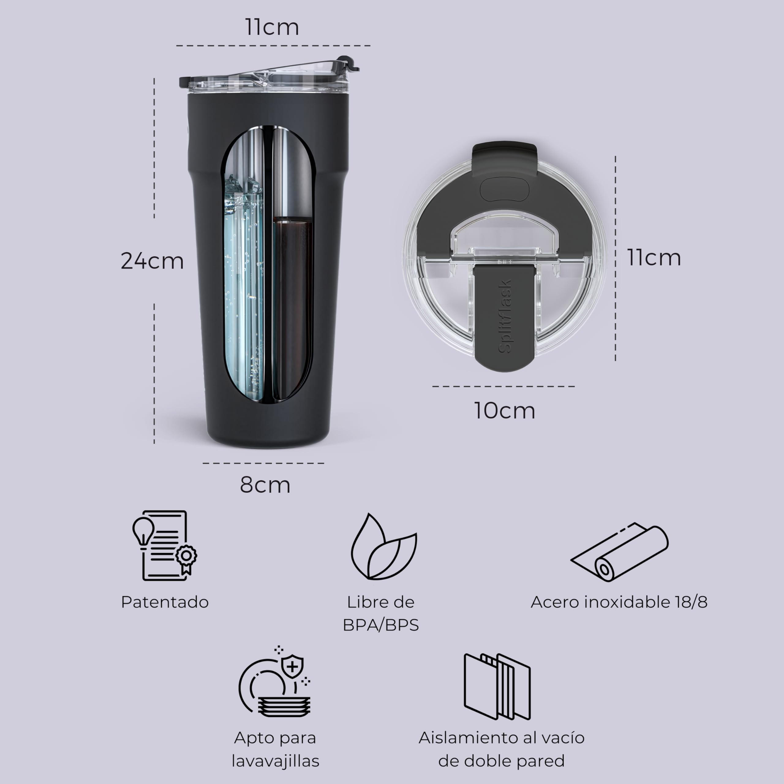 Splitflask Vazo de viaje 2 en 1 – 850ml Botella térmica de doble compartimento, Taza de acero inoxidable hermética, Bebidas calientes y frías, Botella para café y agua