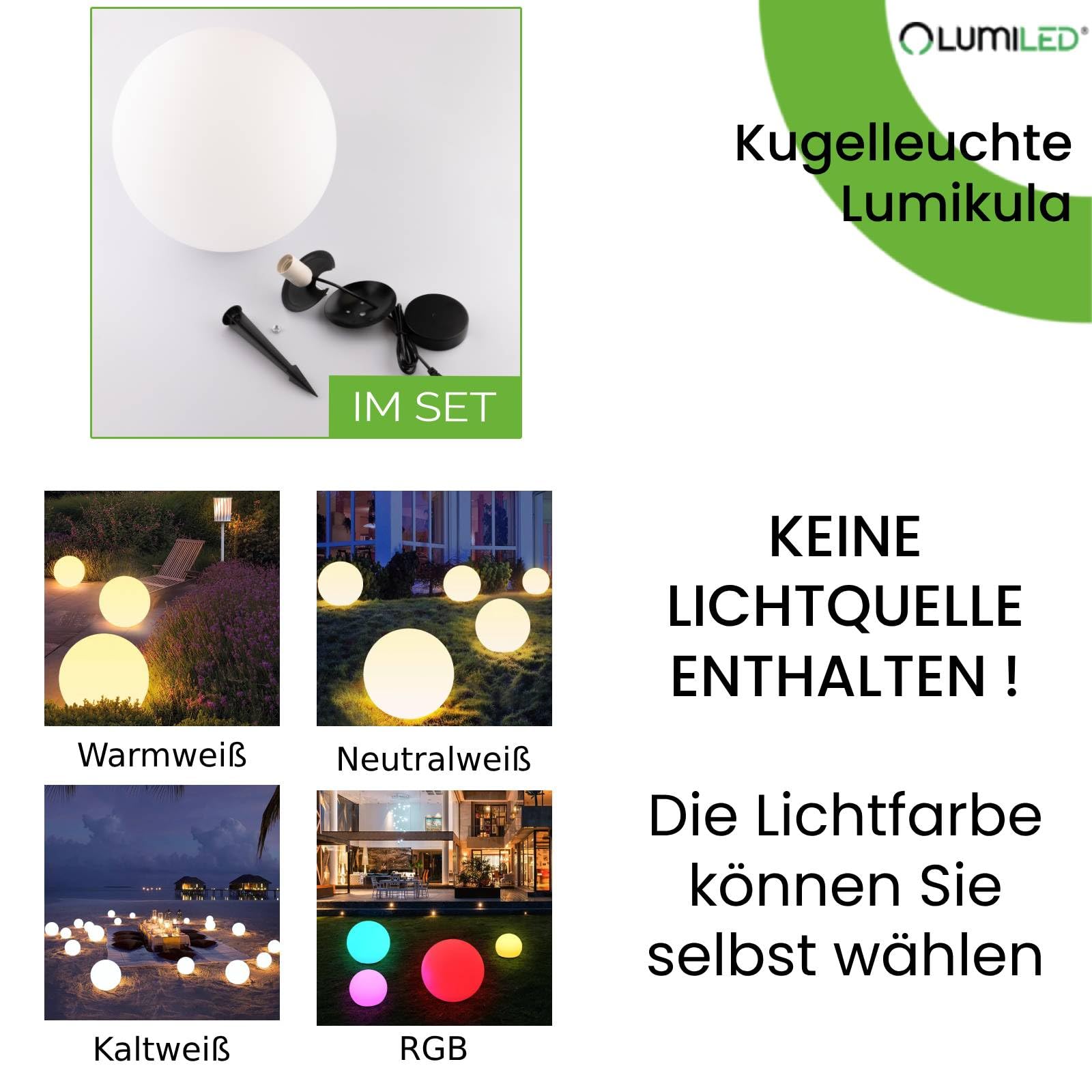Lumiled Kugelleuchte Außen Weiß Ø30cm E27 IP44 Kugellampe | Milchig, Gartenkugel, Lichtkugel, Wetterfest, Inkl. Anschlusskabel 1,95m, Außenkugelleuchte für Garten, Wege und Terrasse