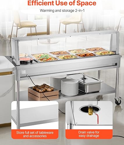 Miniatura 6 de VEVOR Calentador de alimentos eléctrico comercial, 7 sartenes + 2 ollas, mesa de vapor de 1800 W, calentador de alimentos profesional con ruedas de