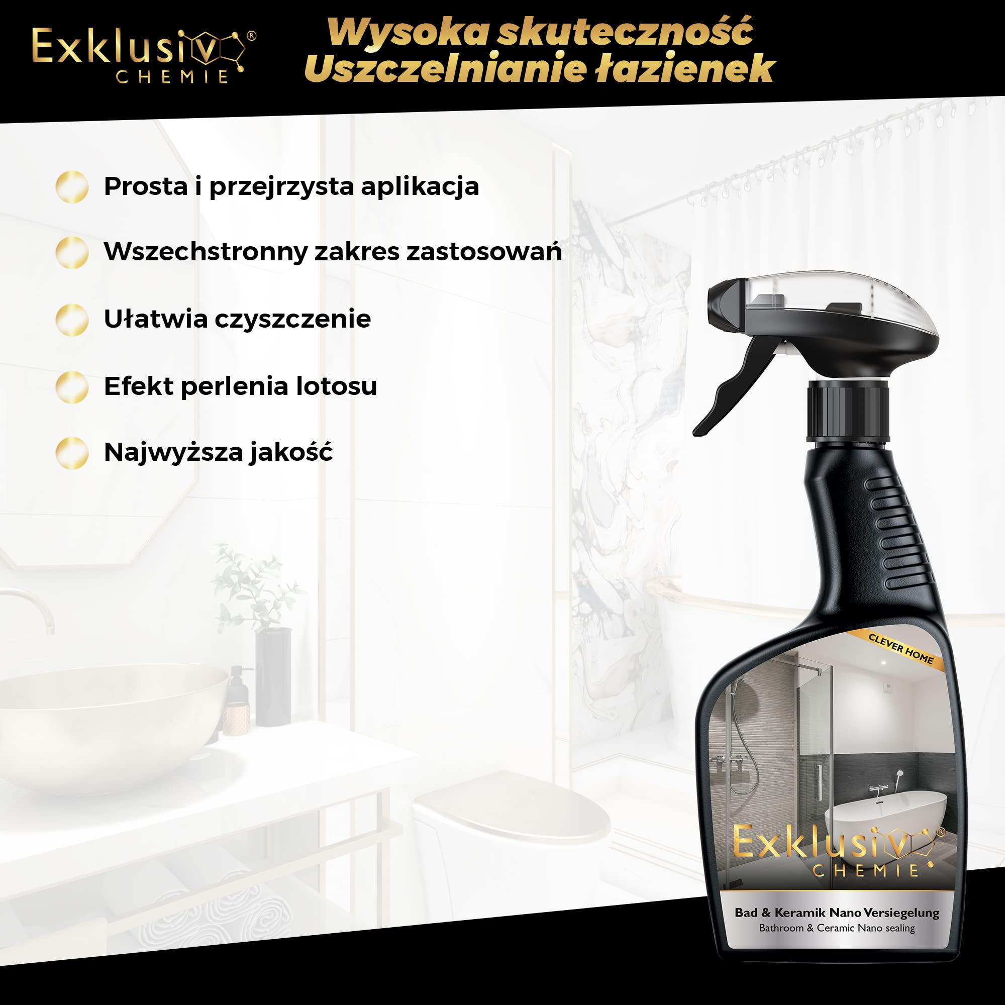 Exklusiv Chemie® Uszczelnianie łazienki i ceramiki | Uszczelnianie szkła | Uszczelnianie łazienki z efektem lotosu | Uszczelnianie powierzchni z efektem brokatu | 500 ml