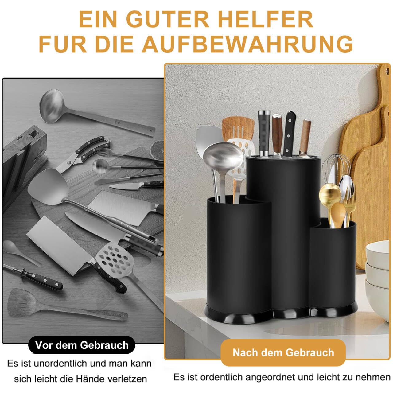 3 in 1 Ceppo Coltelli da Cucina, Nero Porta Coltelli Cucina con Foro Scarico e Slot Porta, Universal Portacoltelli da Cucina Vuoto, Rotondo Porta Utensili da Cucina, Mantiene Coltelli 8 Pollici