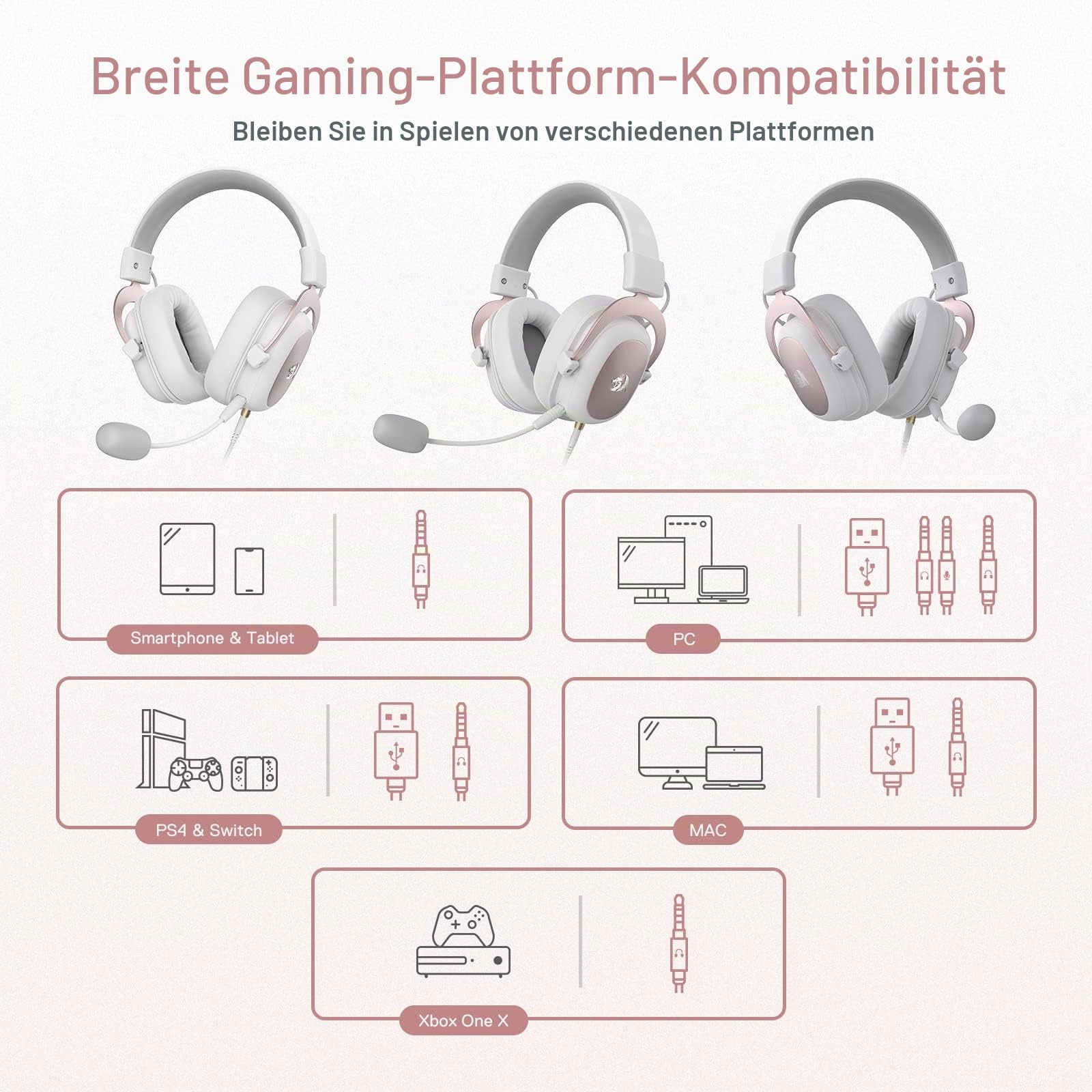 Redragon H510 Zeus Gaming-Headset mit Kabel - 7.1 Surround-Sound - Bezug aus atmungsaktivem Stoff - 53MM-Treiber - Abnehmbares Mikrofon - Immersionskopfhörer für PC/PS4/Xbox One/NS - Rosa & Weiß
