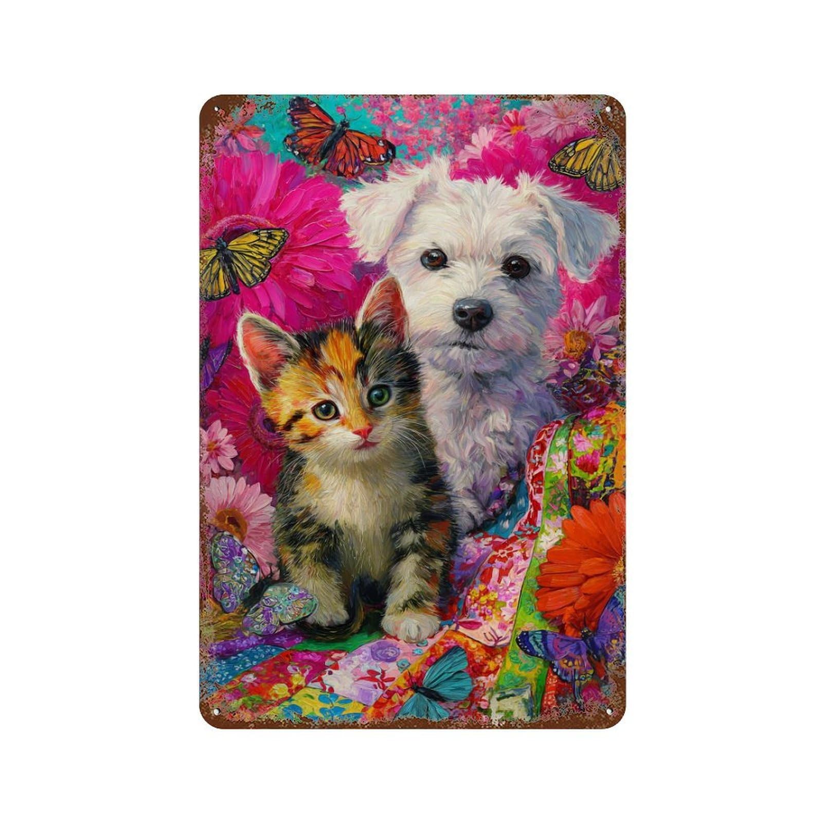 Distressed Metal Wall Sign with Floral Fantasy with Pets Design 11.8"x7.9", for Cafe, Home Bar And Lounge Decor, Retro Wall Decor