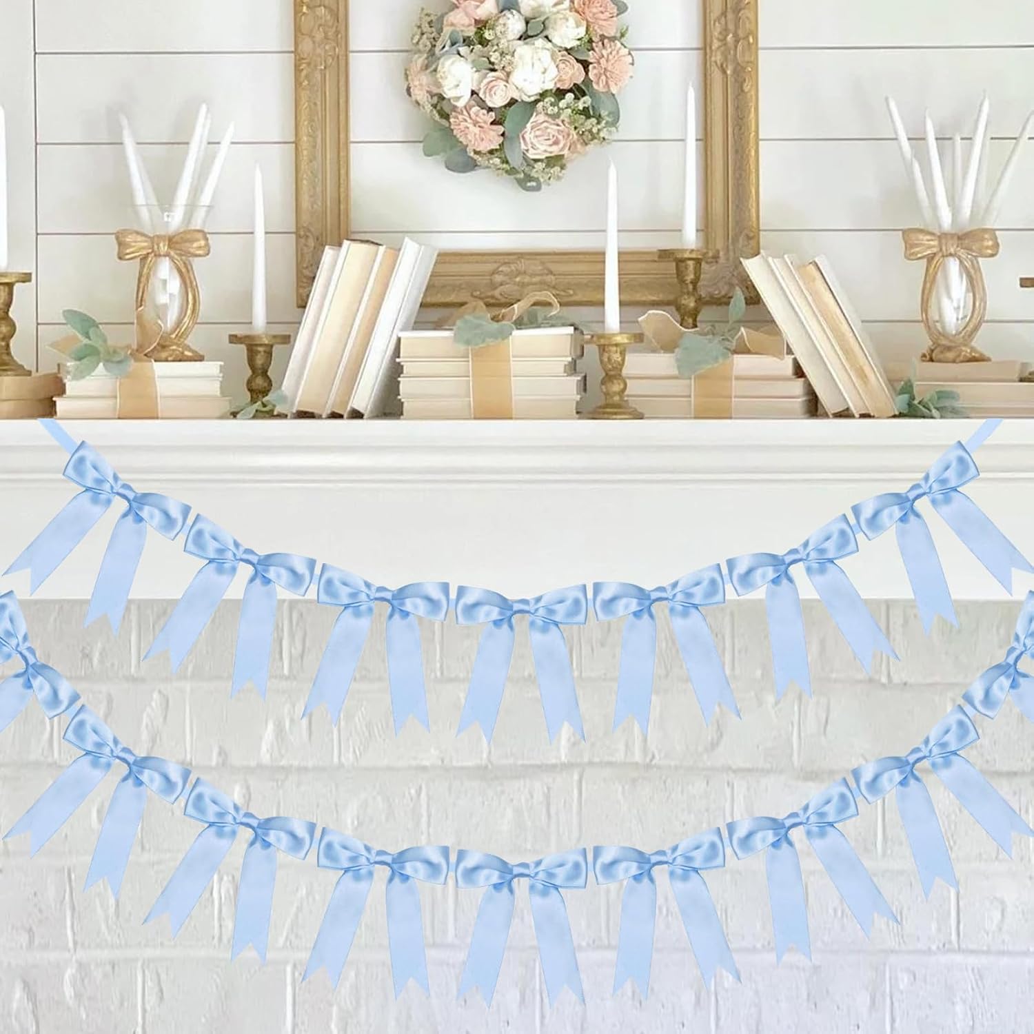 2 Pcs Blue Bow Garland Banner for Wedding Bachelorette Party Decorations Coquette Birthday Bow Decor Garlands for Baby Shower Bridal