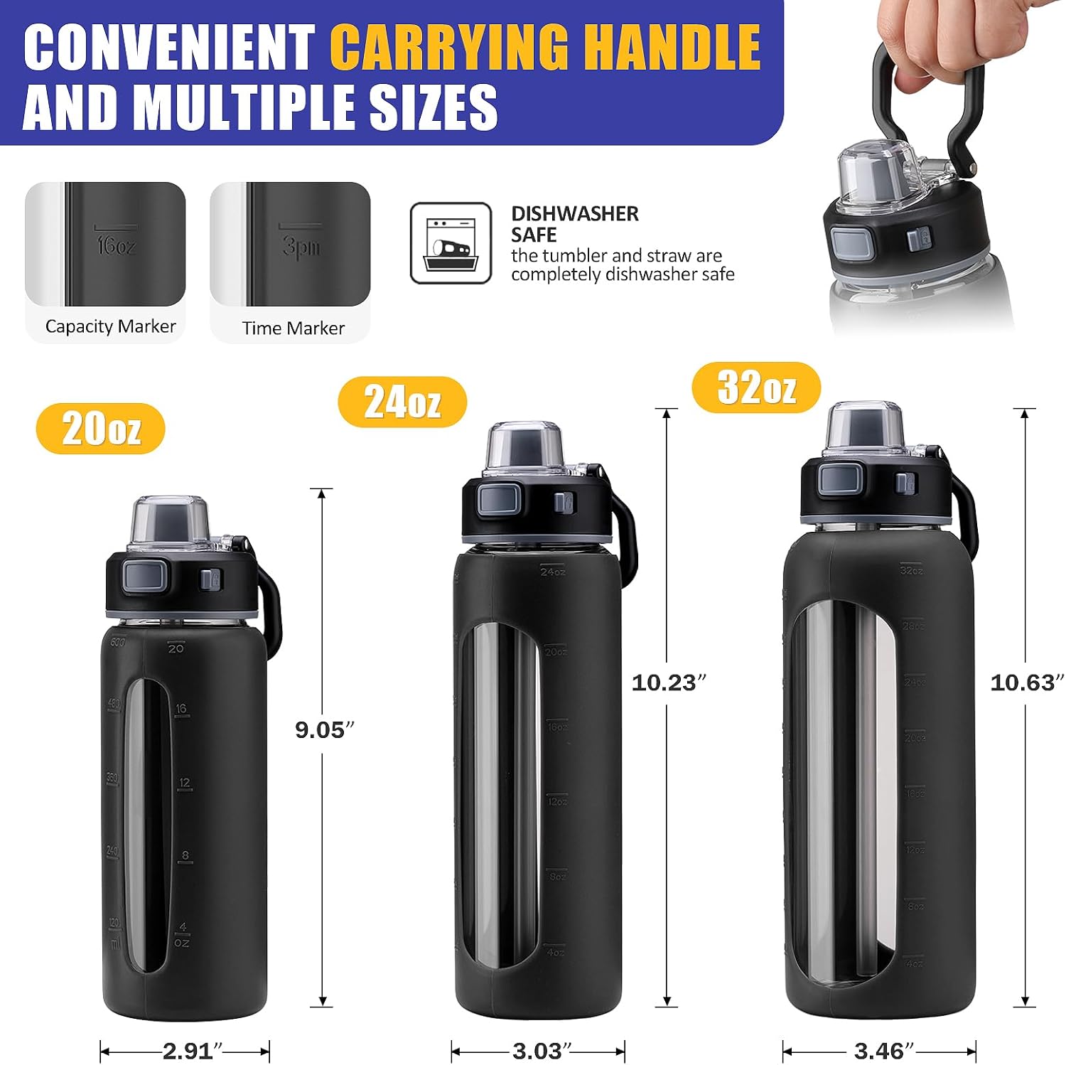 Kodrine 24oz Glass Water Bottle With Straw-2 lids-Reusable Daily Water Intake Glass Bottle with Measurements,Silicone Sleeve, Time Marker, Cupholder Friendly for Home,Gym,Sports-Black - Image 3