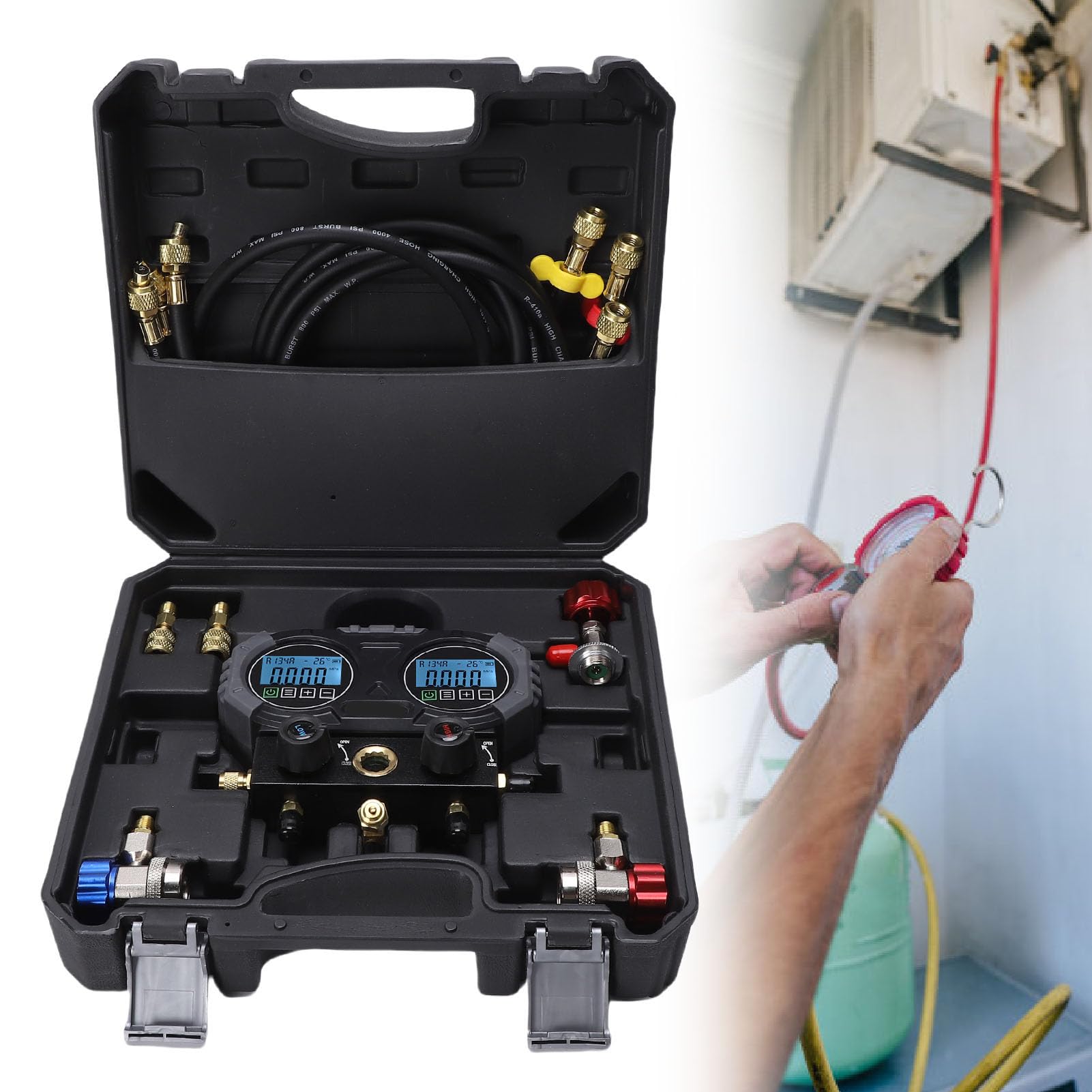 Kit de Recarga de Refrigerante con Medidor de Colector único Digital para HVAC, Medidor de Prueba de Presión Preciso para CA, Adecuado para Profesionales de HVAC y Entusiastas del Bricolaje,