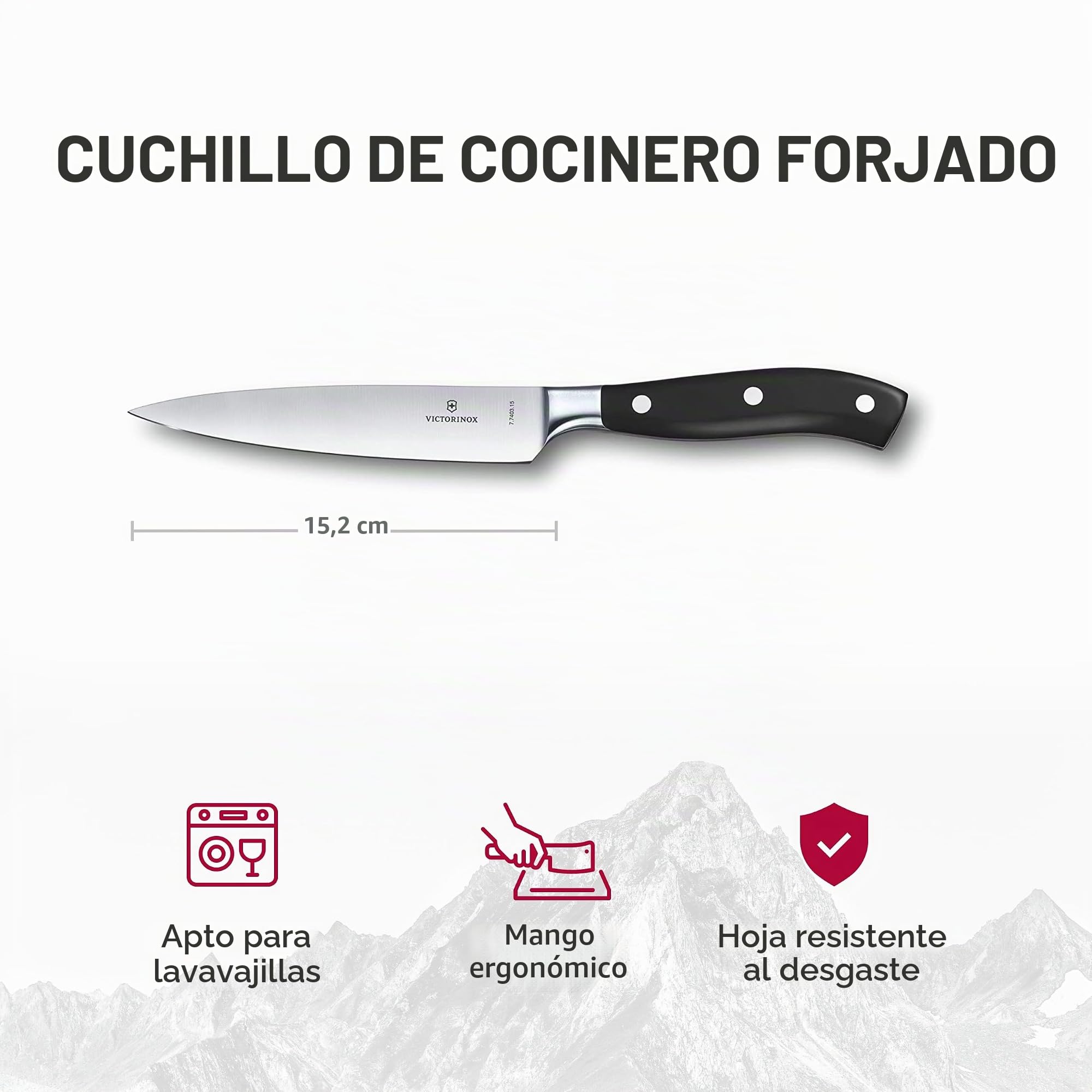 Victorinox Grand Maître, Cuchillo de cocinero profesional, Hoja extra afilada, afilado recto, 15 cm, Mango de plástico robusto, Acero inoxidable, negro