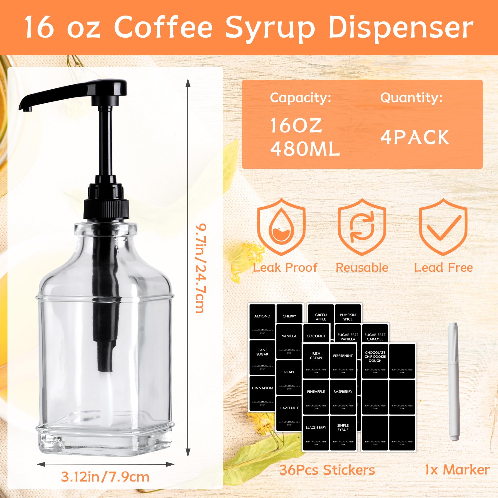 Paquete de 4 dispensadores de jarabe de café de 16 onzas, botella de jarabe de vidrio transparente con bomba de capacidad de 1/4 onzas, dispensador de jarabe para barra de café con bomba de