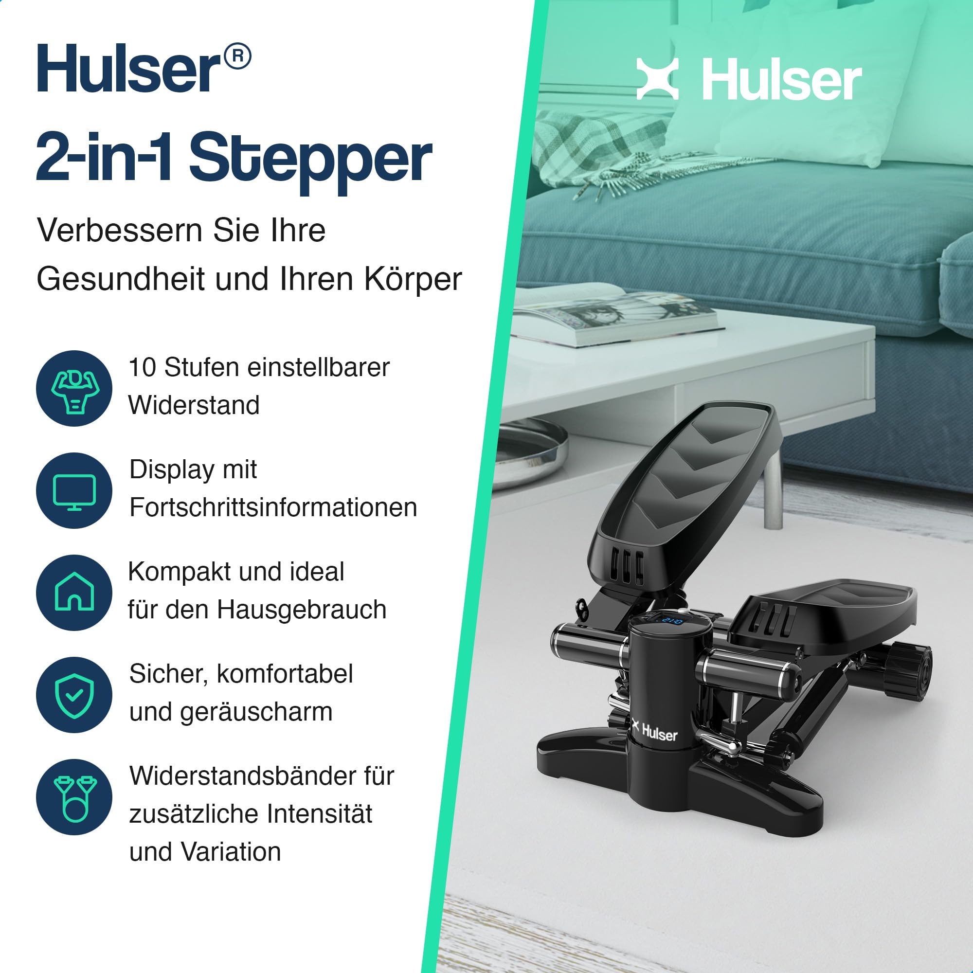 Hulser 2-in-1 Stepper für Zuhause mit Display - Ganzkörpertrainer mit Anpassbarem Widerstandssystem & Widerstandsbändern - Fitness Gerät für Arme, Oberschenkel, Gesäß & Schultern - Mit Bodenmatte