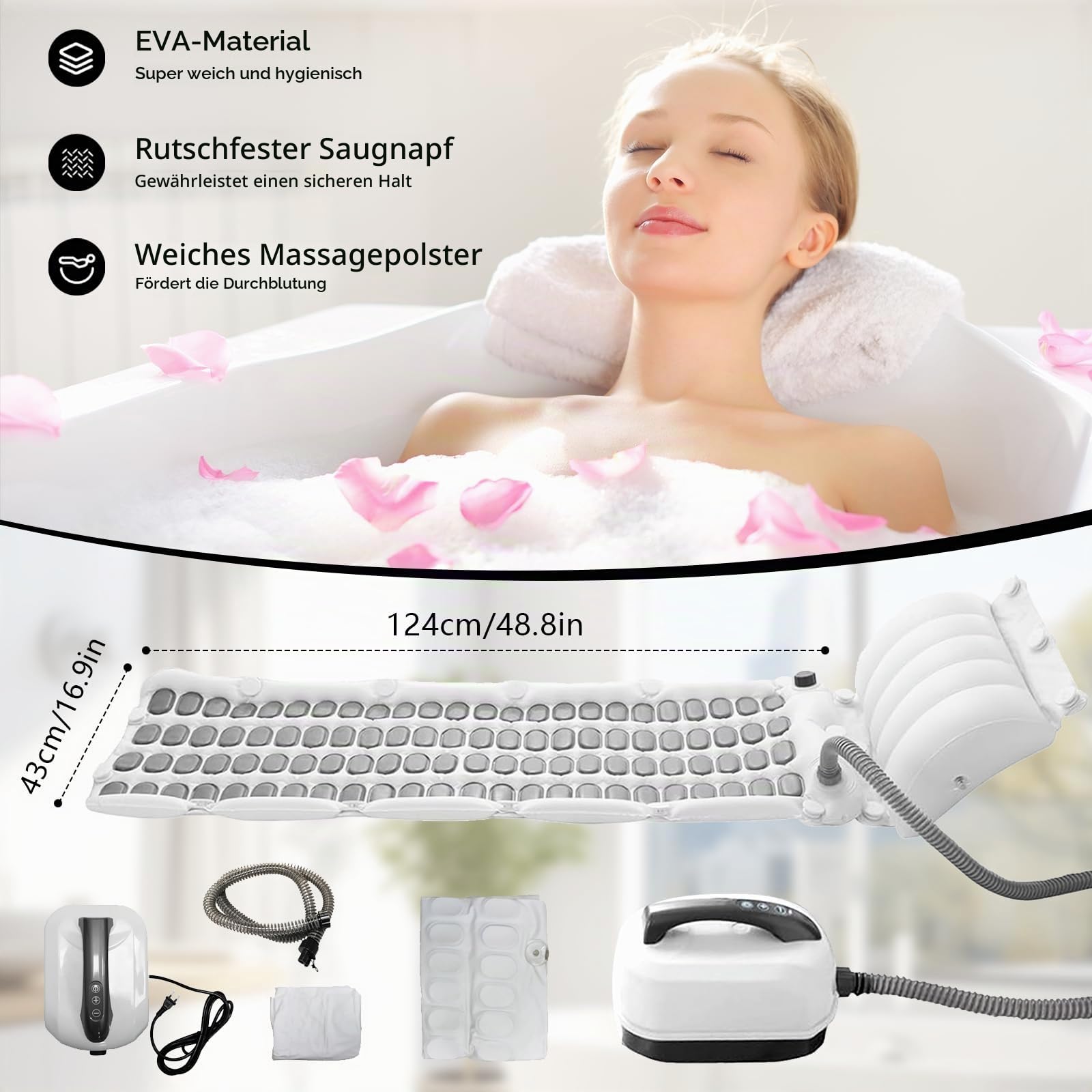 Sprudelmatte Badewanne, Whirlpool Matte für Badewanne Luftsprudelbad 6 Intensitätsstufen Badewannenmatte mit 114 Düsen und Kissen Spa Badewannenzubehör für Spa Baden