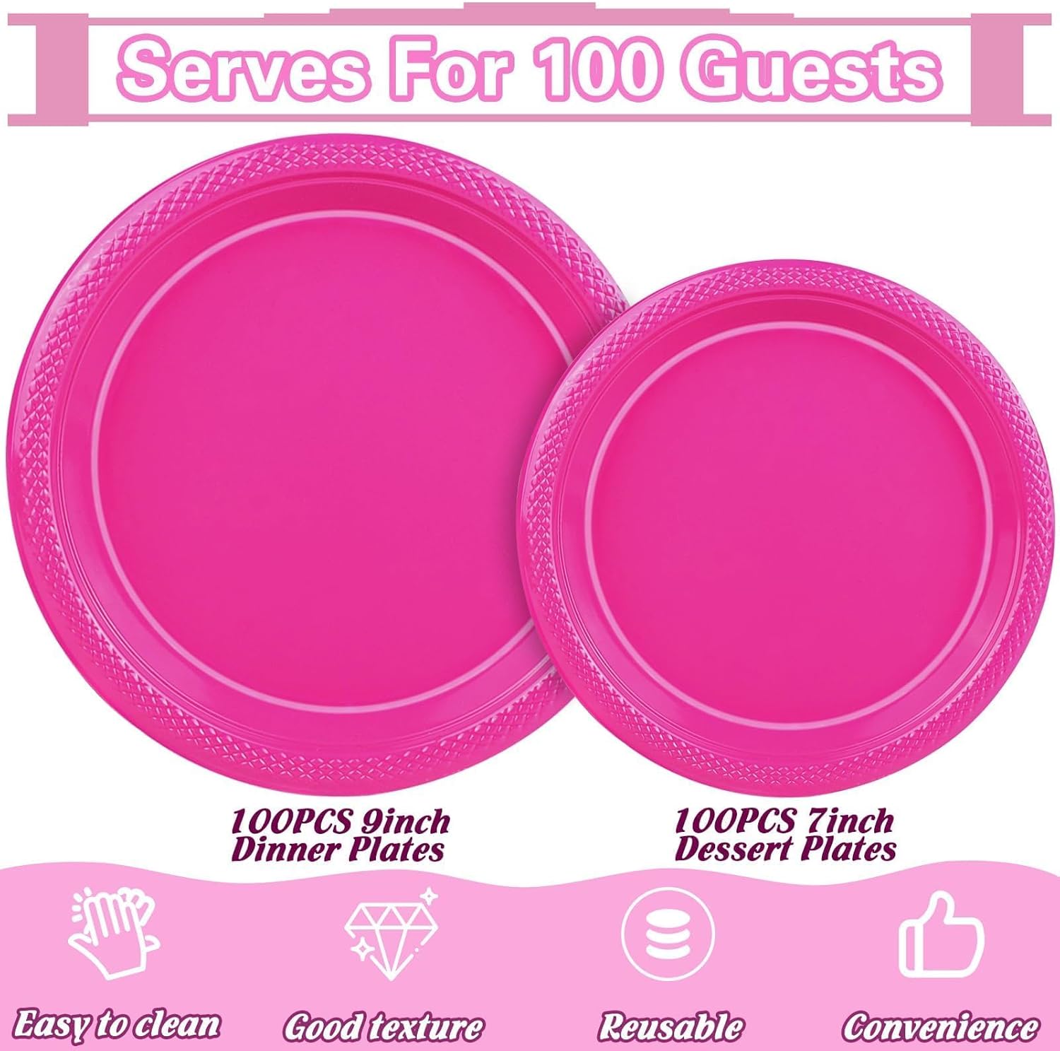TWOWYHI 200 Pieces Hot Pink Disposable Plastic Plates with Rim 100 Pieces 9 Inch 7 Inch Dessert Plates Heavy Duty Plastic Tableware for Weddings Party