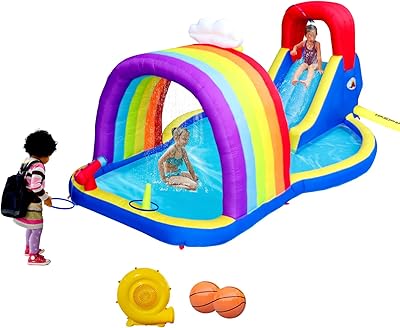WELLFUNTIME Inflatable Water Park with Blower and Rainbow Sprinkler, Rock Climbing, Water Cannon